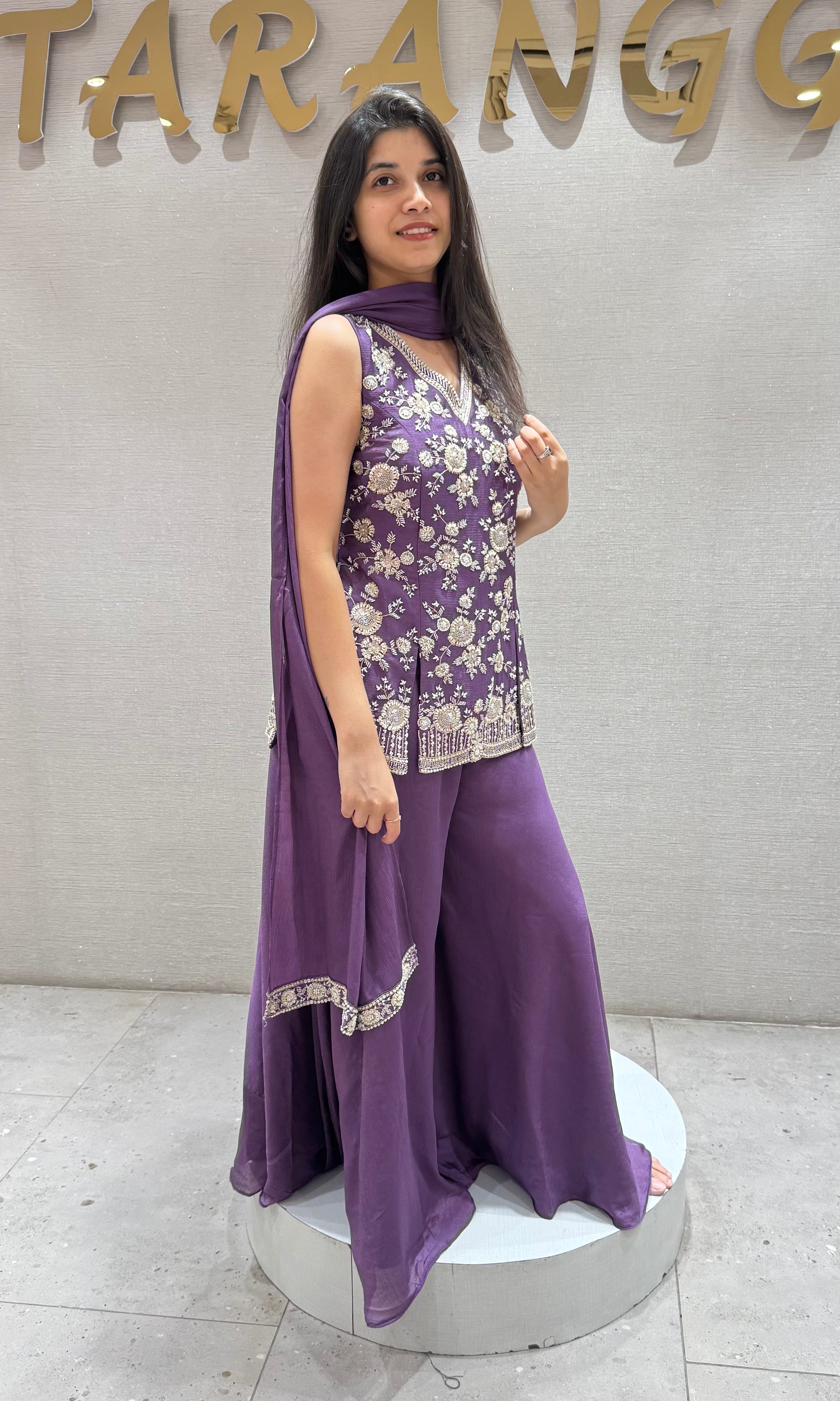Purple floral embroidery palazzo set