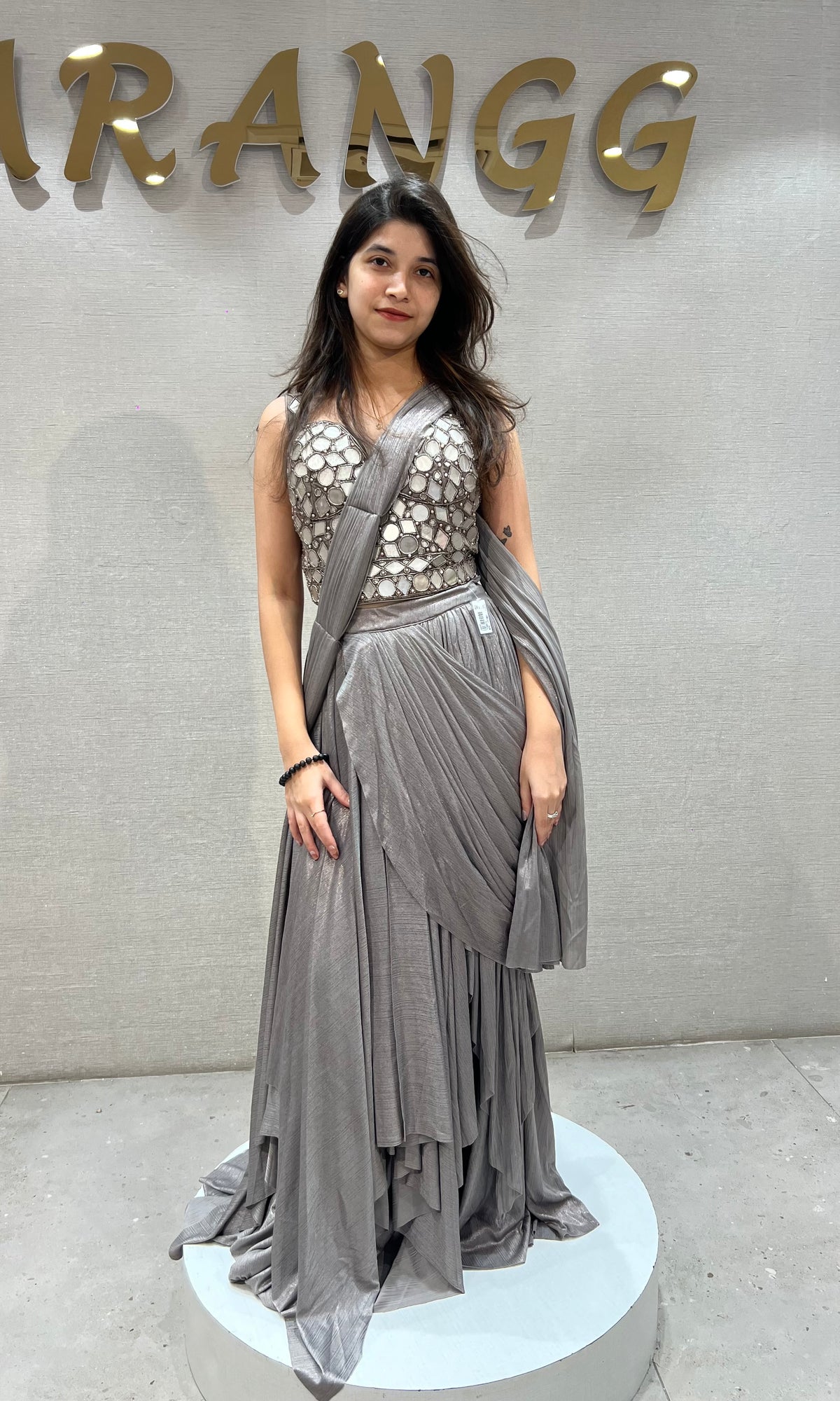 Metallic Grey Embellished Saree with corset blouse
