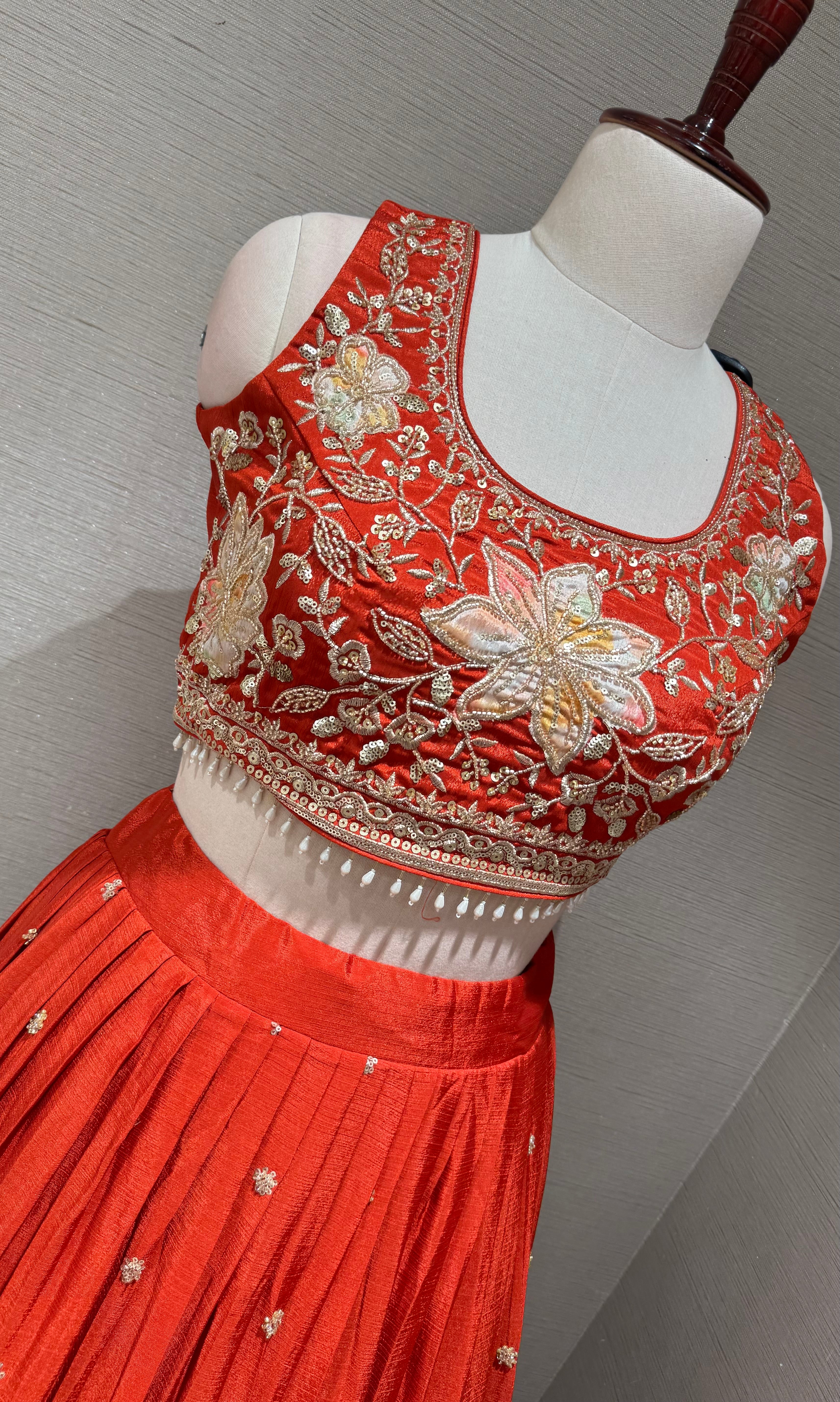 Orange Tissue silk Floral Embroidered Lehenga Set