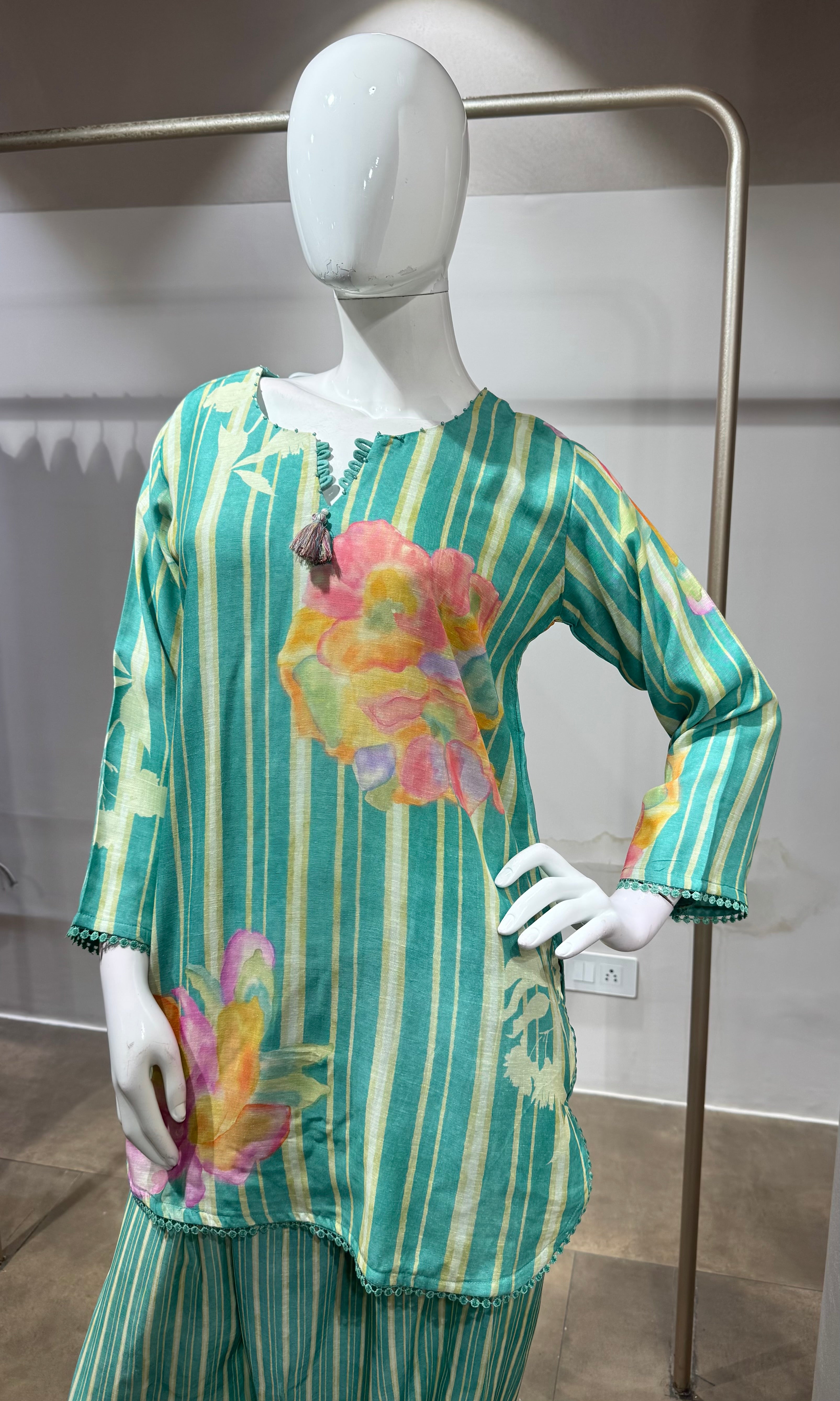 Aqua Green Floral Printed Farsi salwar