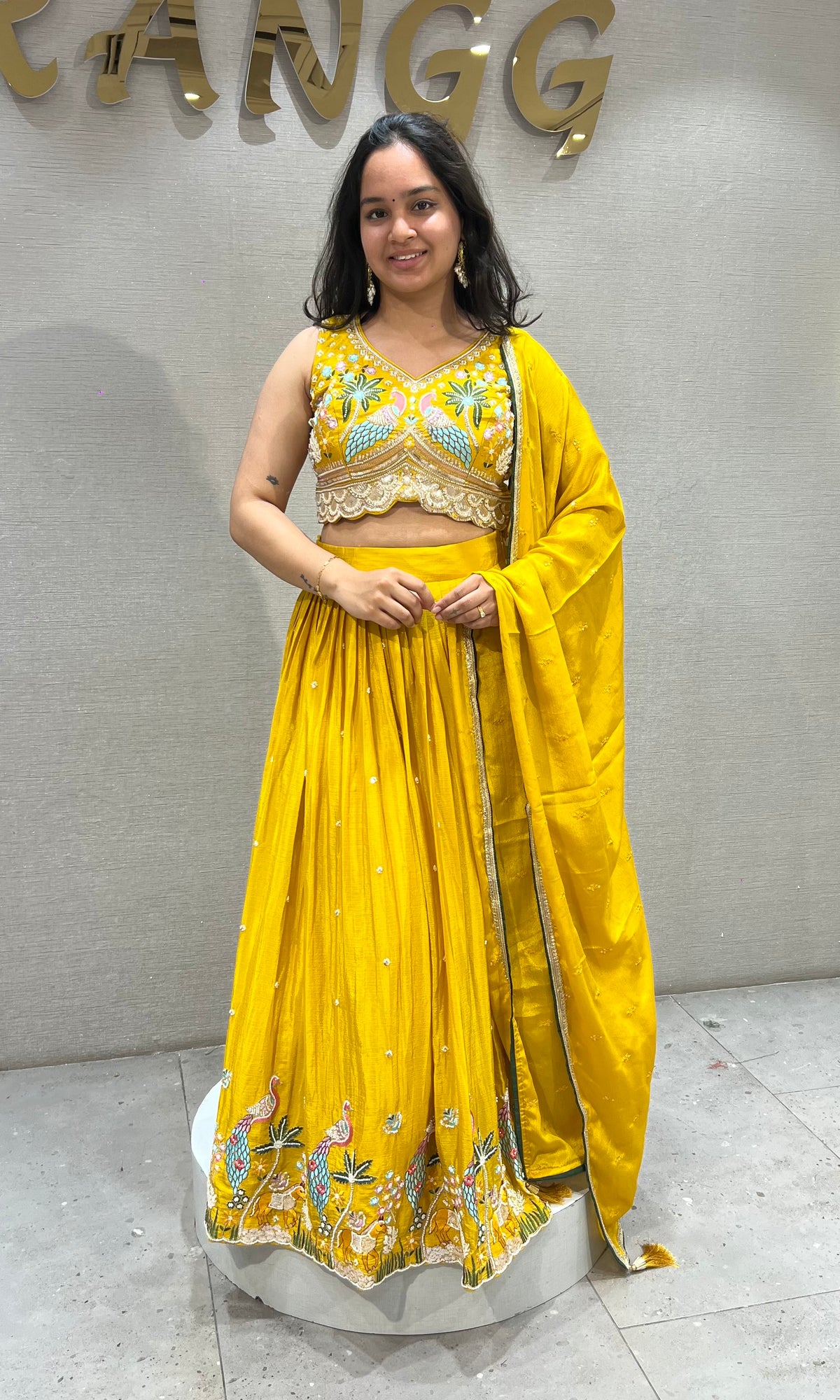 Yellow Tissue silk Lehenga with Peacock & Floral Embroidery
