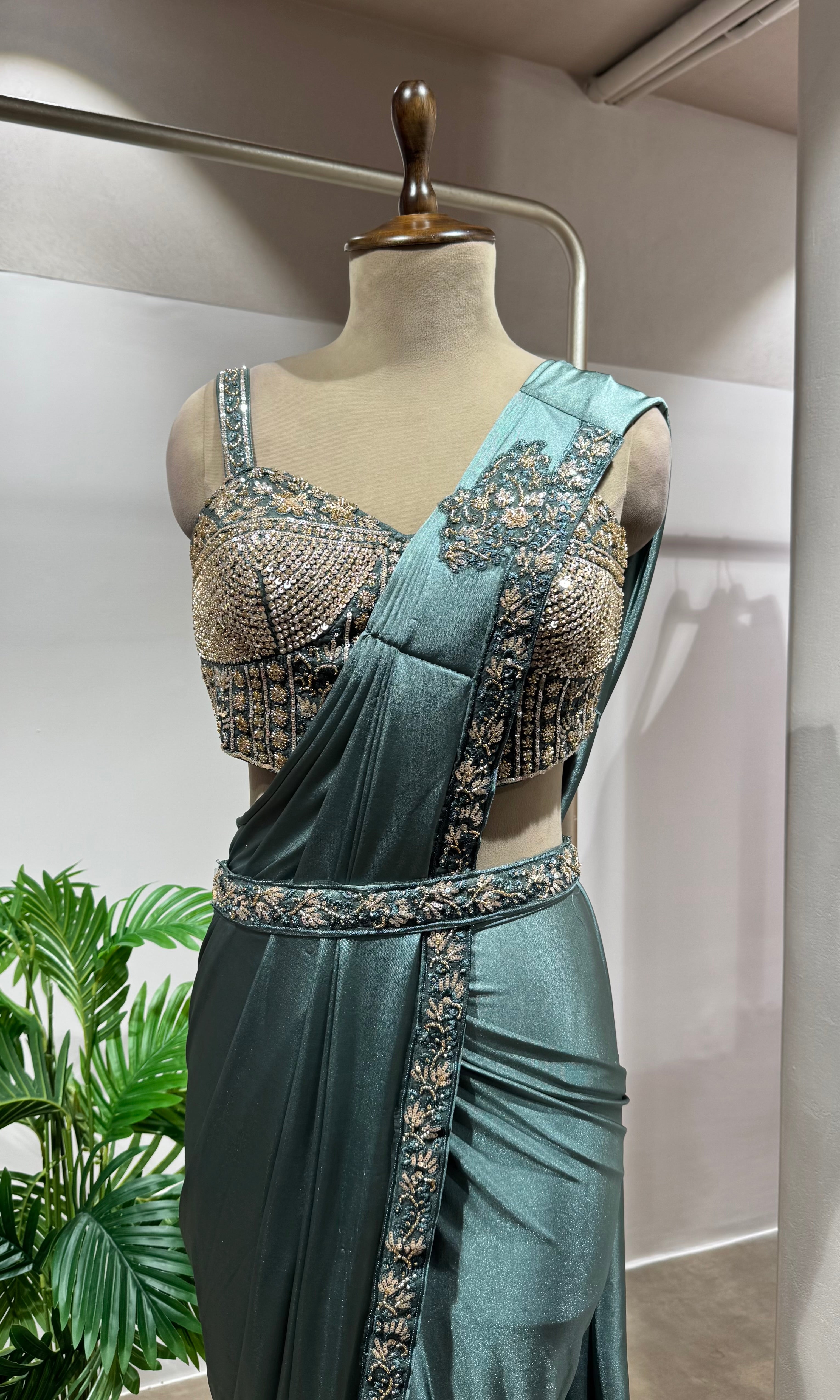 sea green drape saree WITH CORSET BLOUSE