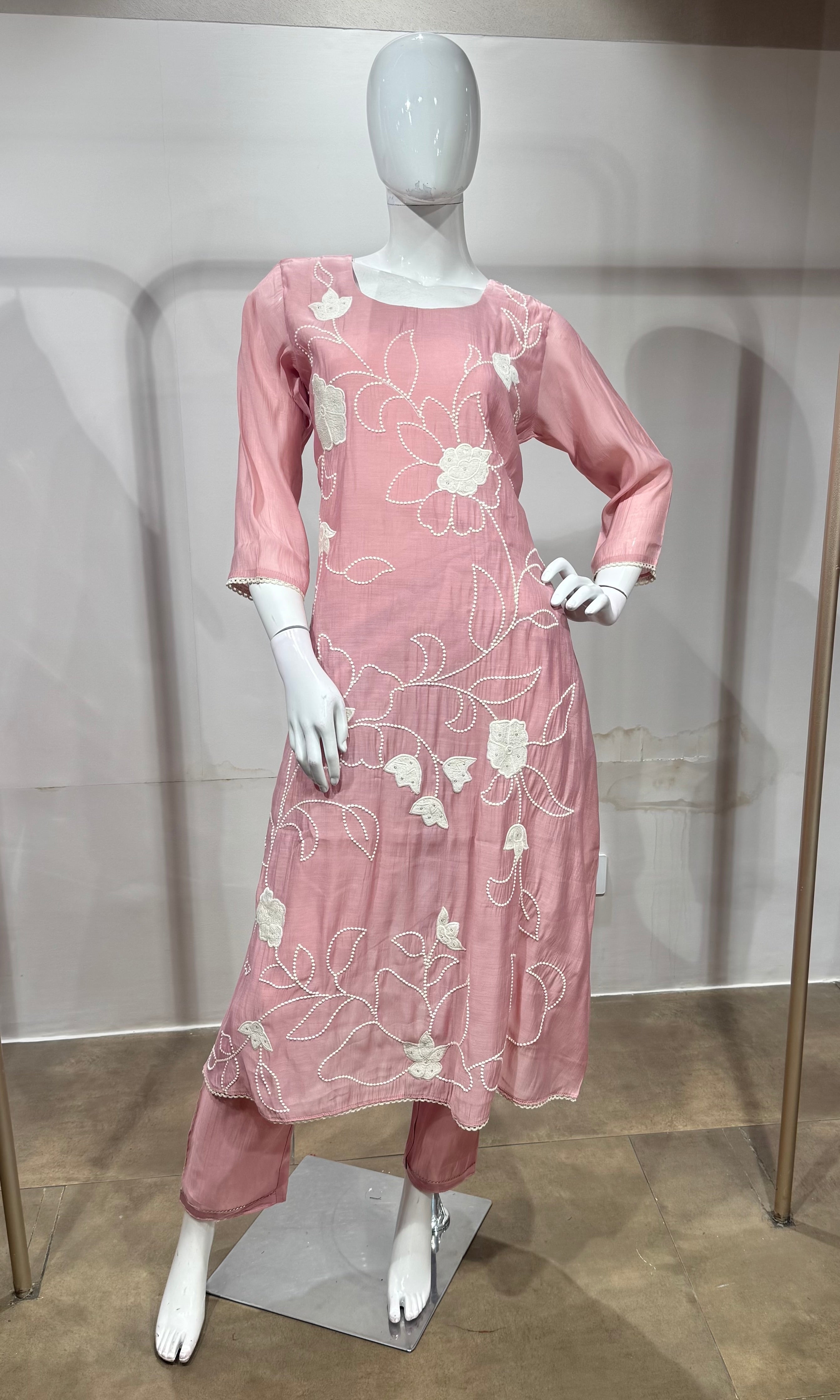 Baby Pink Silk Thread Embroidered kurta set