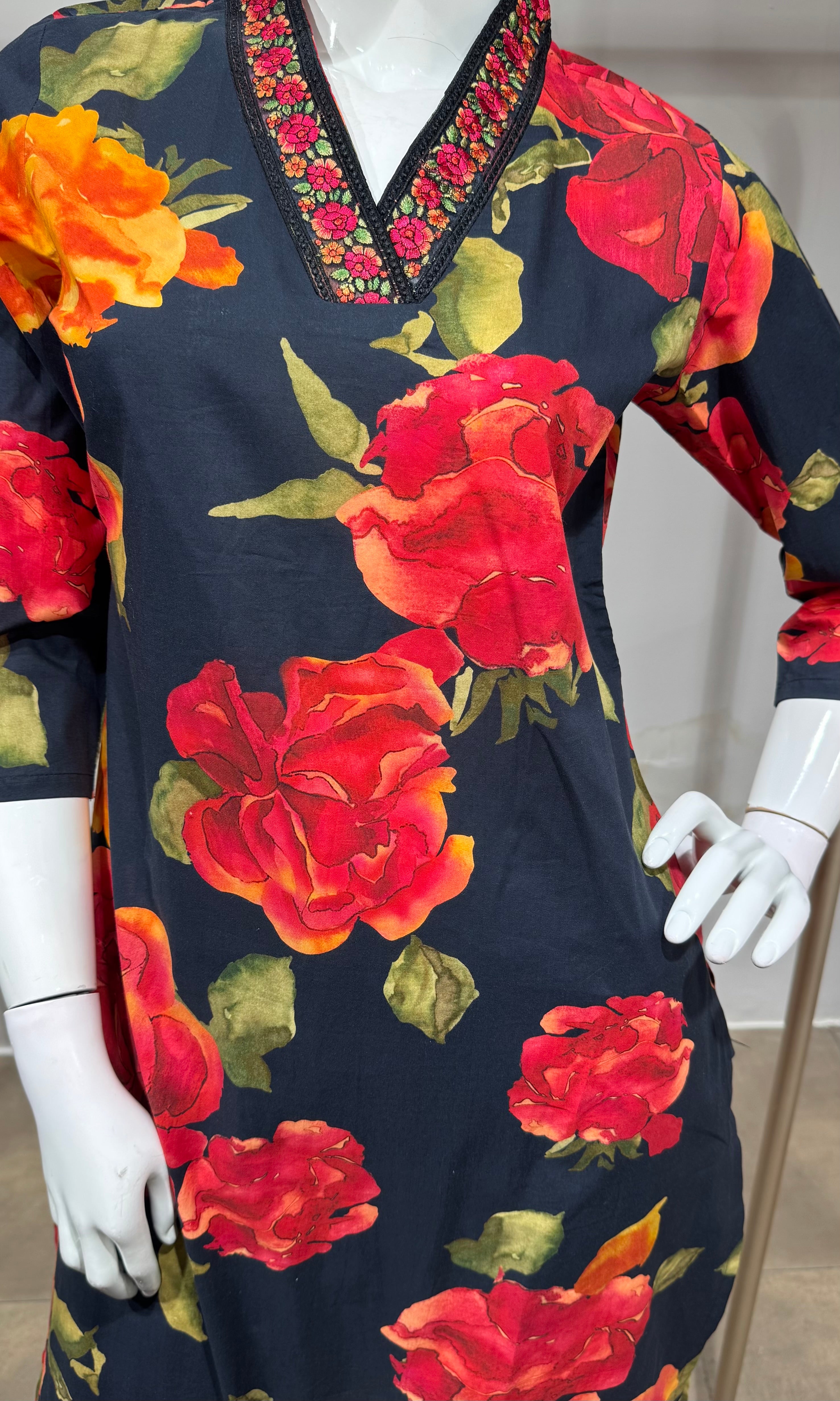 black red and orange floral prints Kurta set