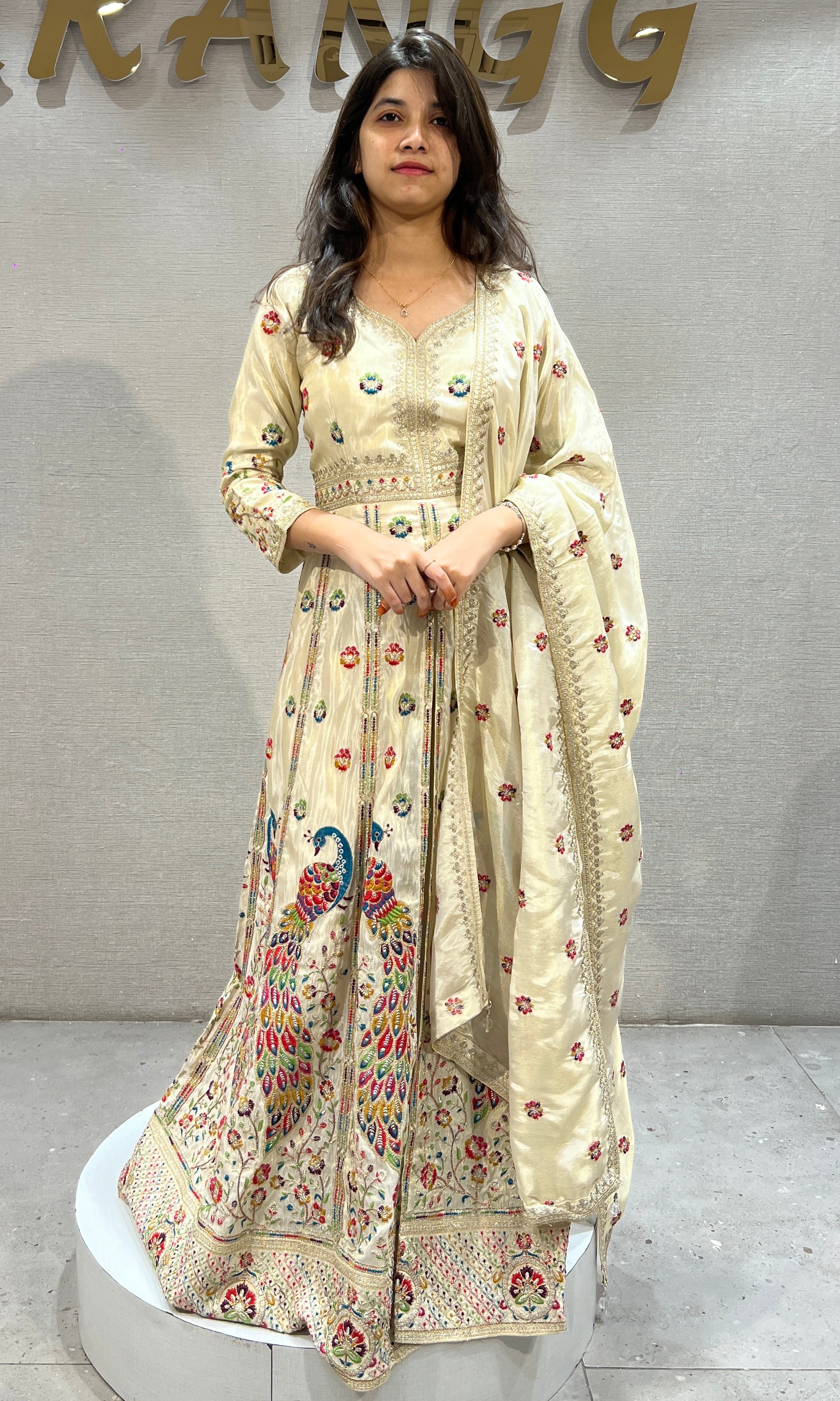 Cream Embroidered Anarkali Set with Flared Skirt