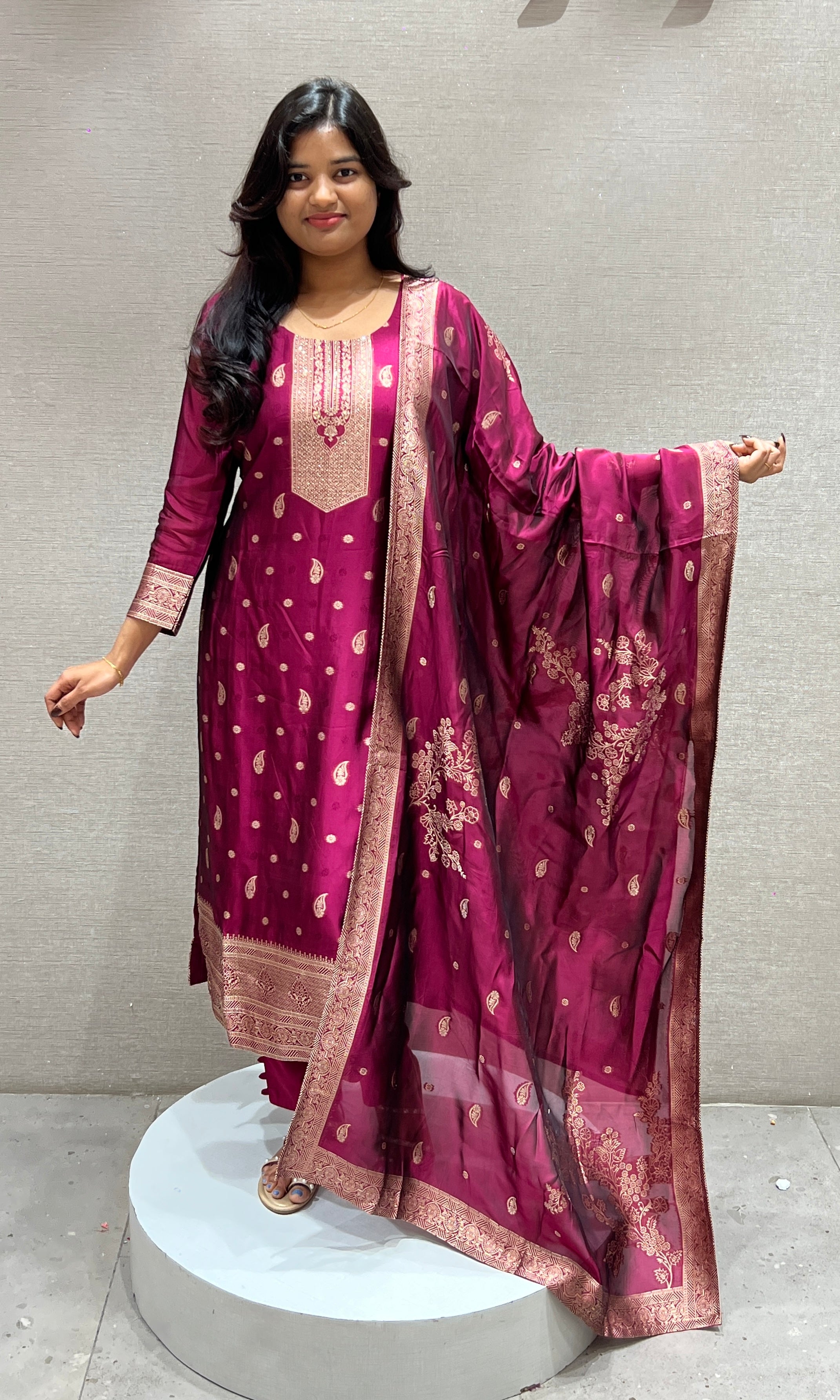 Wine Kurta Set With Gold Embroidery