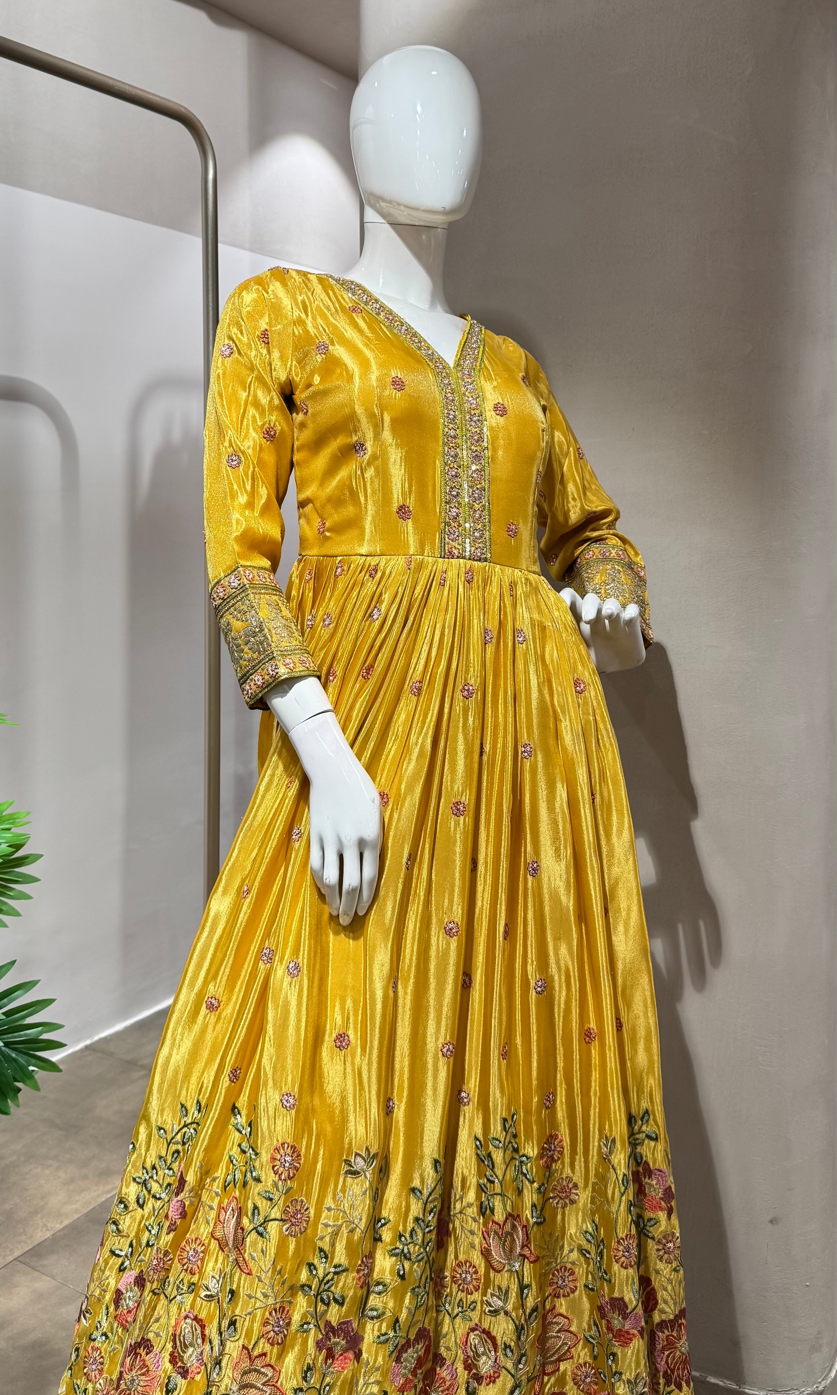YELLOW SHIMMER TISSUE EMBROIDERY ANARAKALI