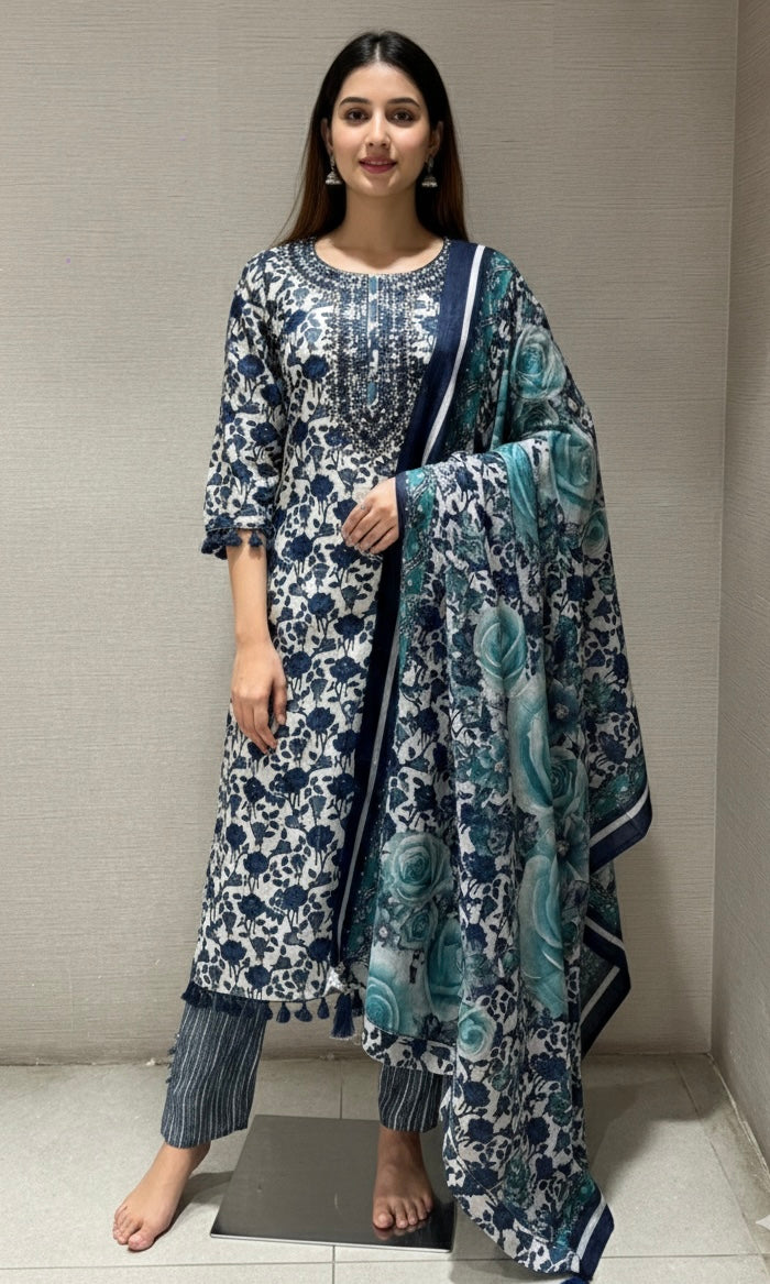 BLUE ETHNIC FLORAL PRINT KURTA SET