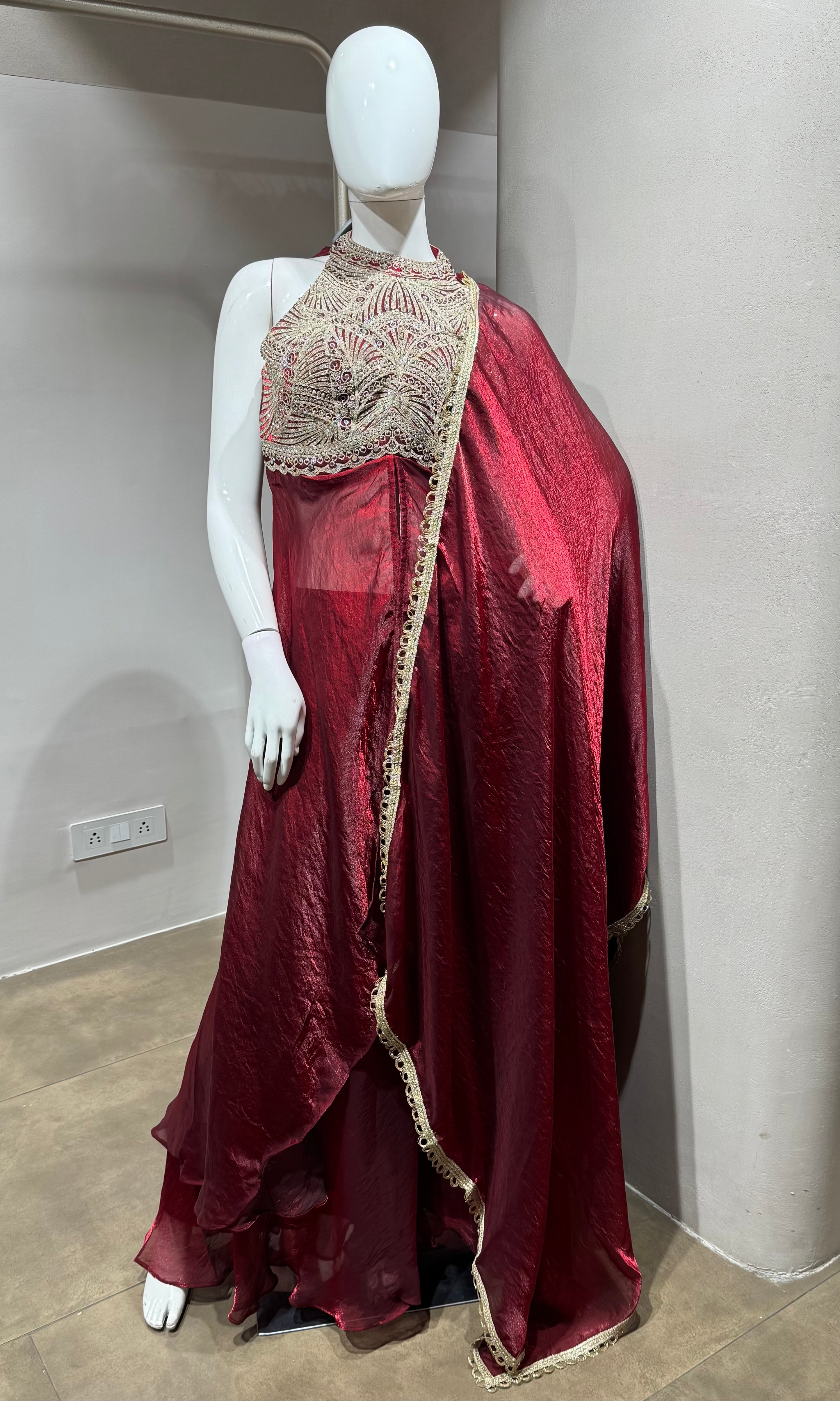 MAROON halter neck embroidered anarkali set