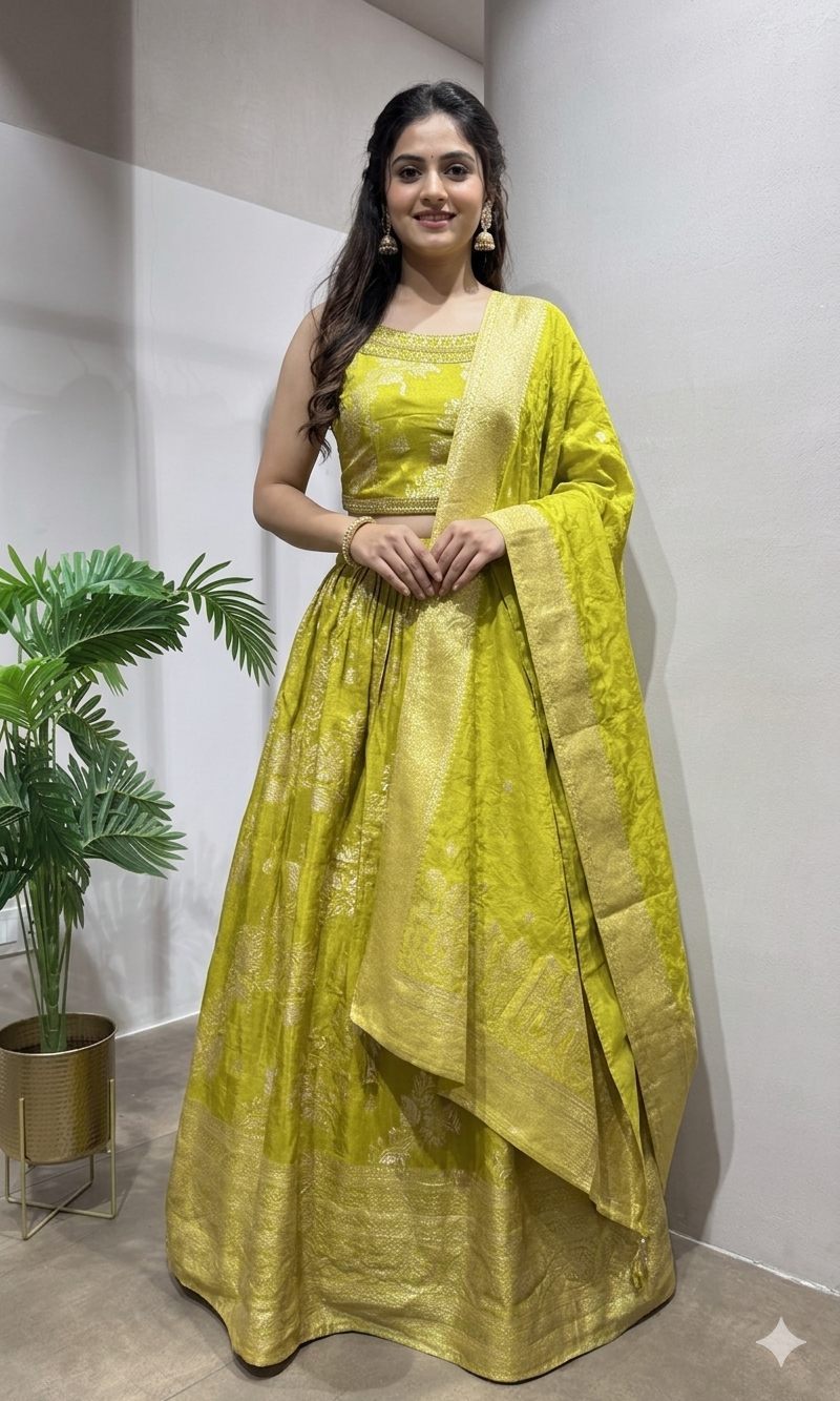 mehandi green raw silk designer lehenga choli