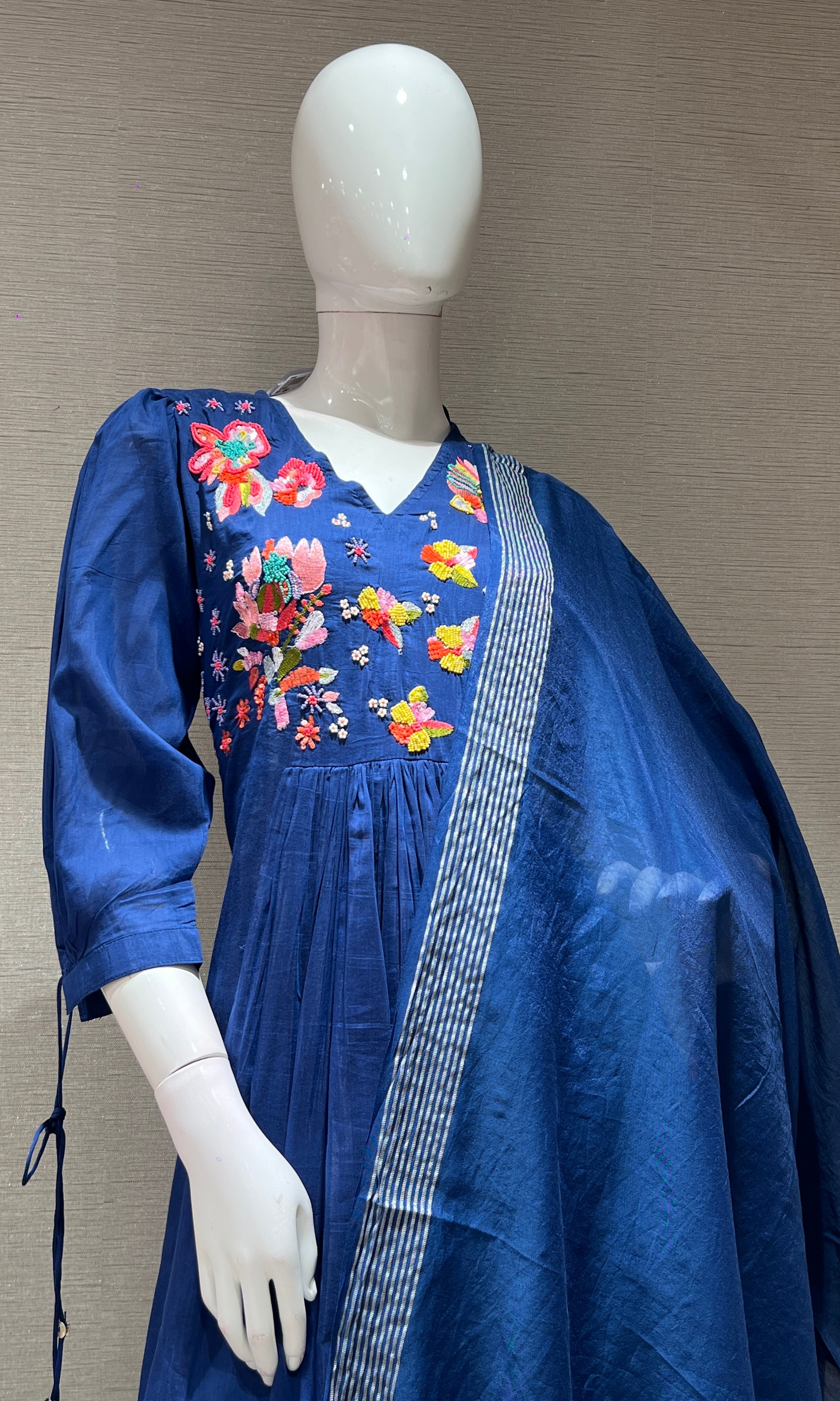 Navy blue FLORAL MUL CHANDERI kurta set
