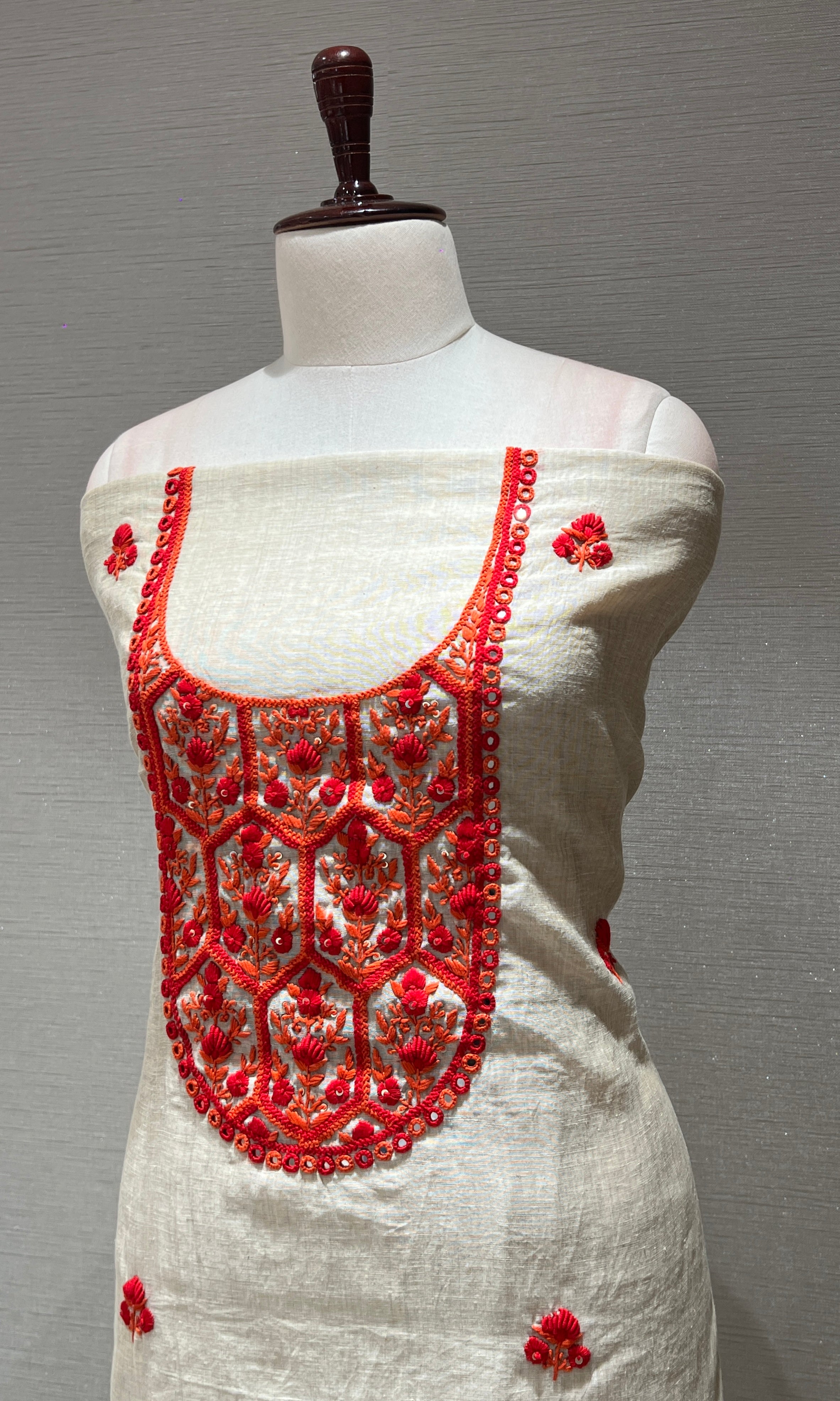 RED FLORAL EMBROIDERED DRESS MATERIAL