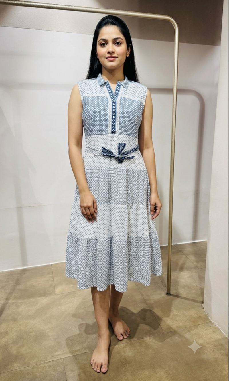 blue and white geometric printed frock