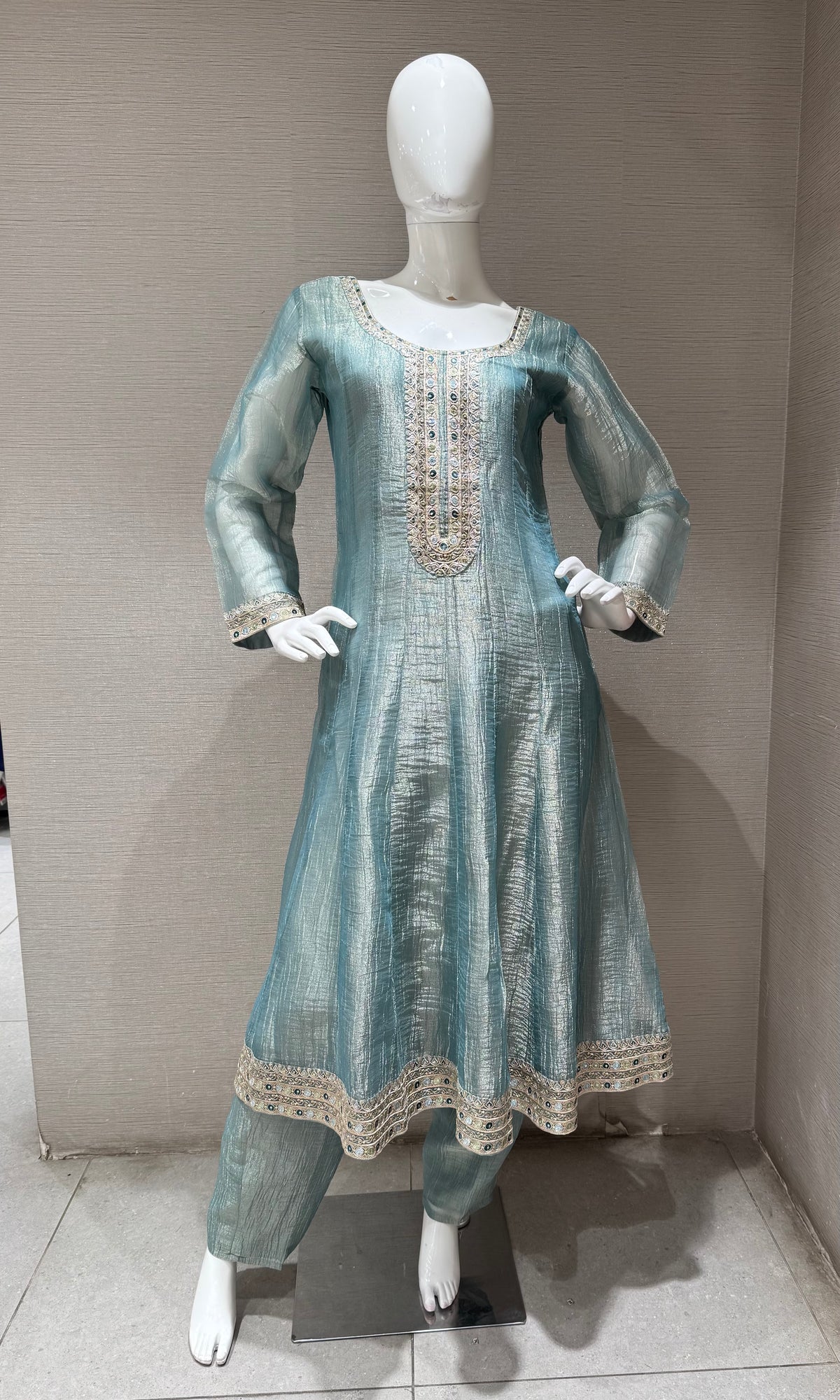 blue embroidered Tissue anarkali Set with floral dupatta