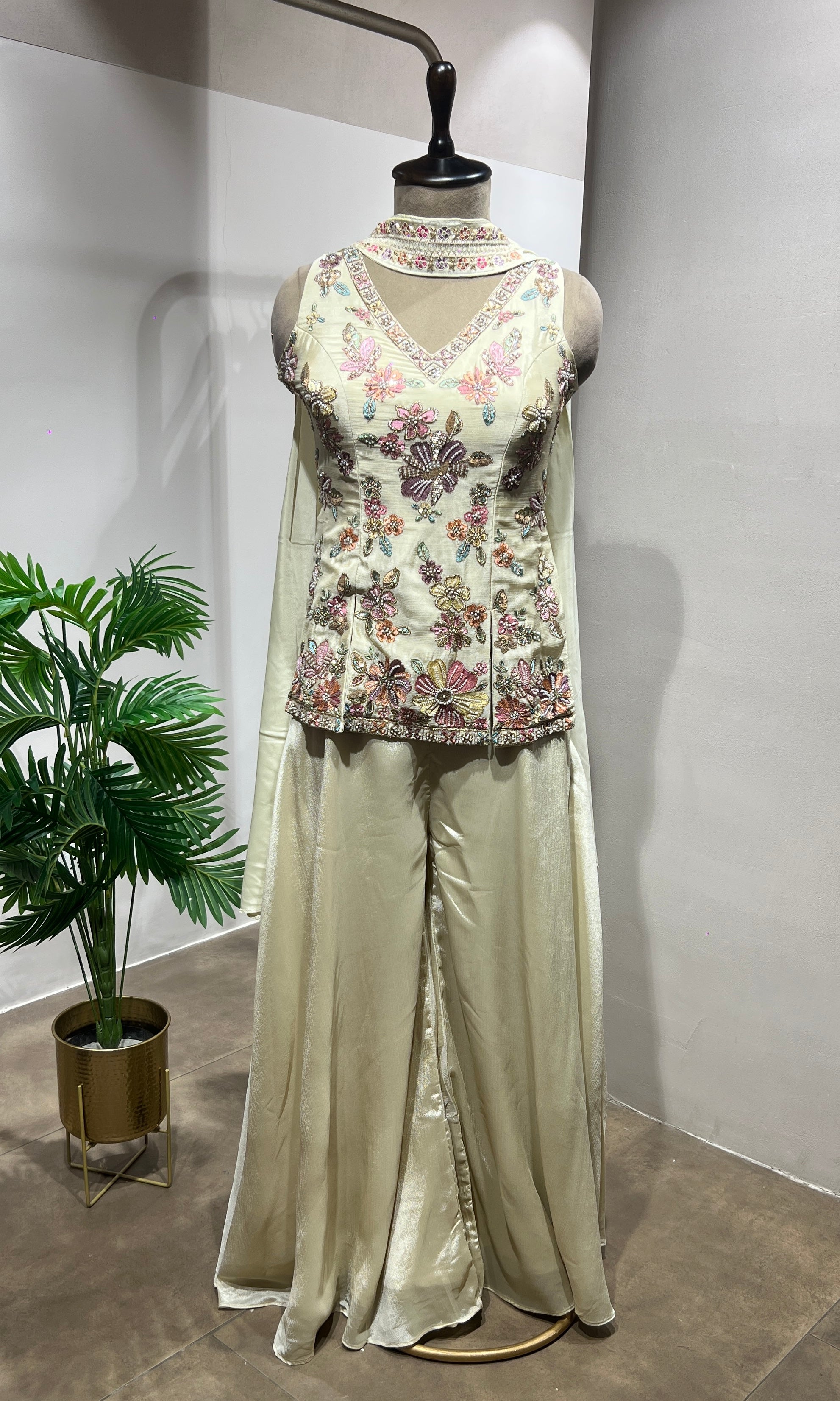 Cream Floral Embroidered Palazzo Suit