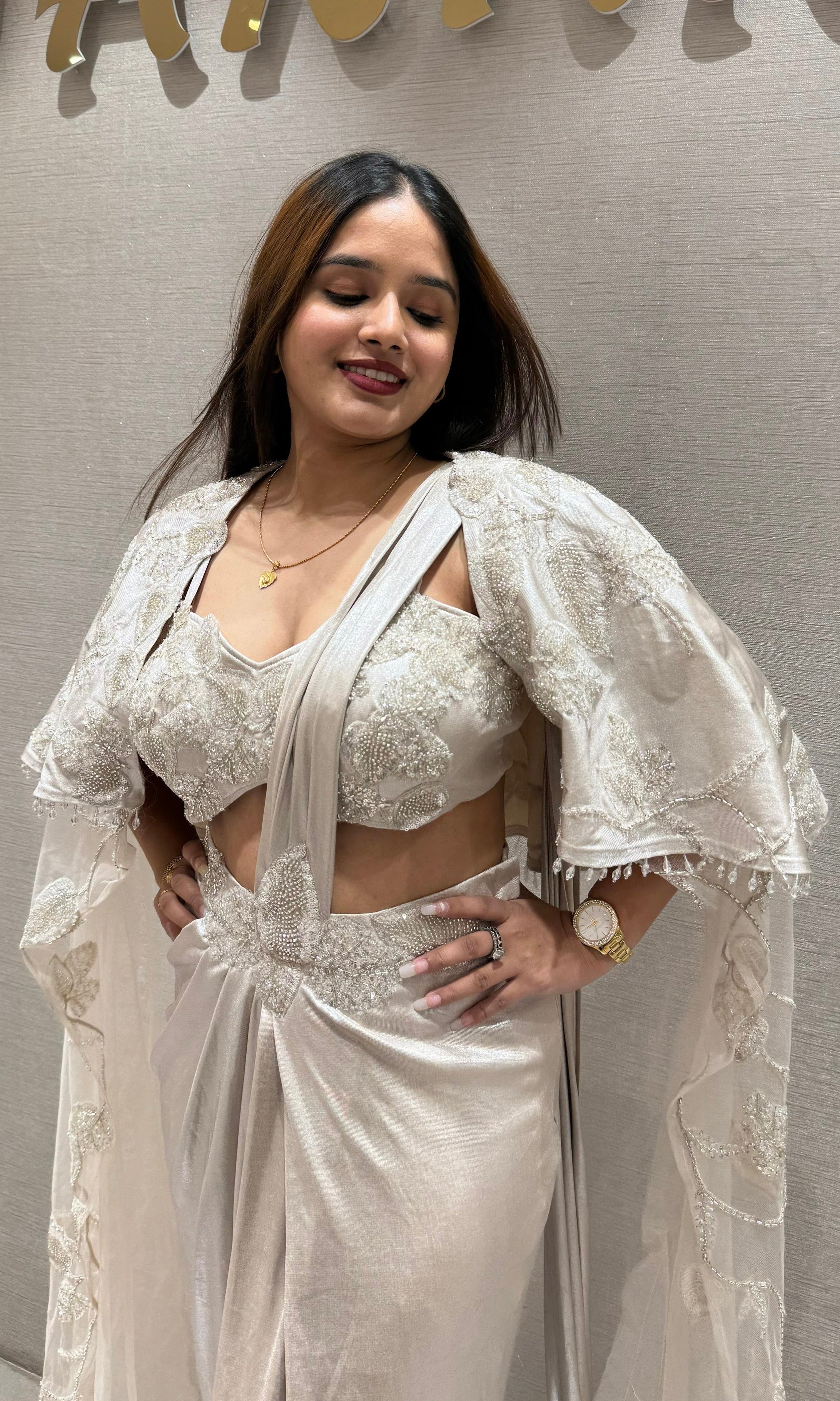 Ivory Embellished Drape Saree with Cape