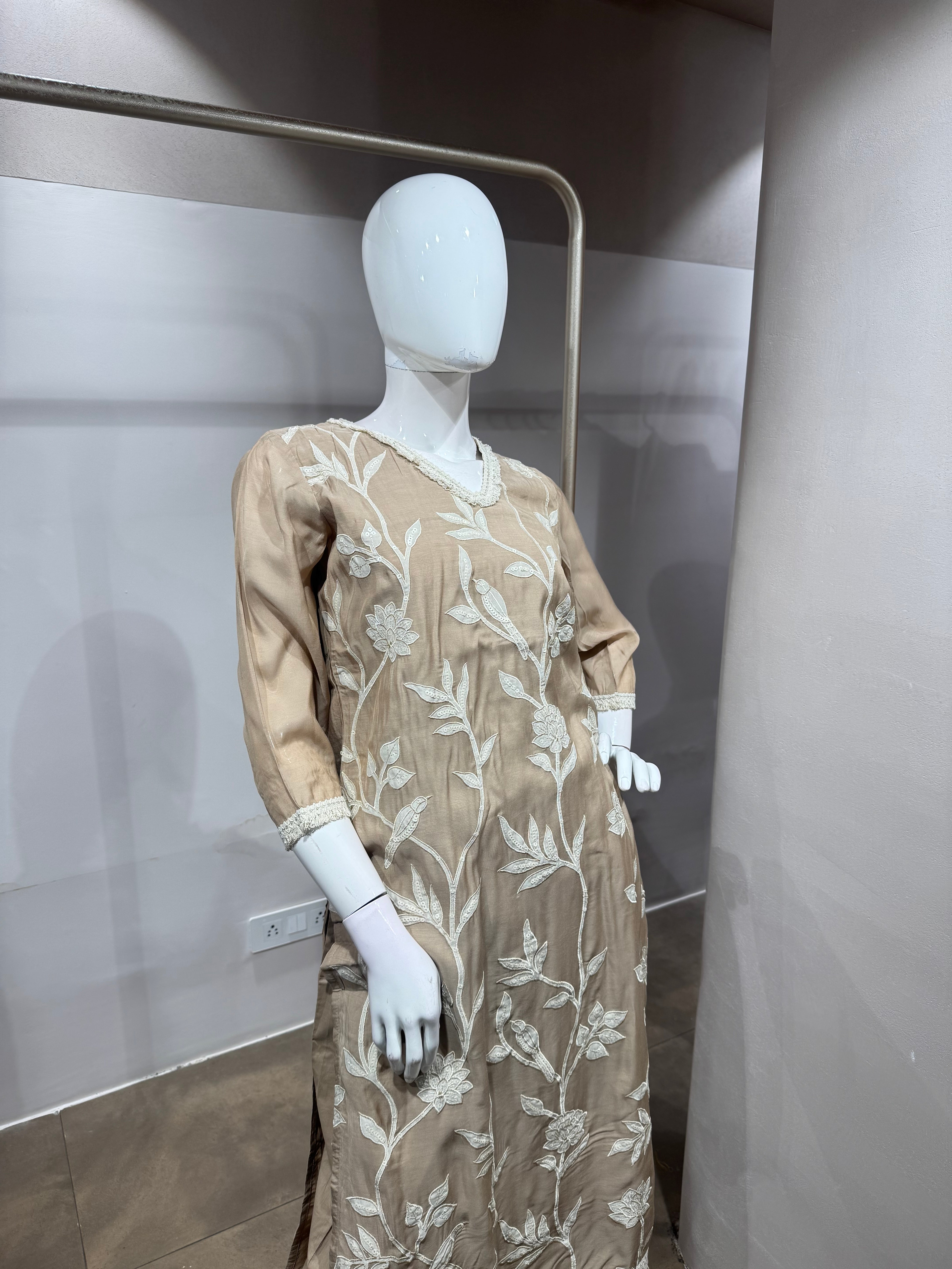 Beige floral thread embroidered kurta set