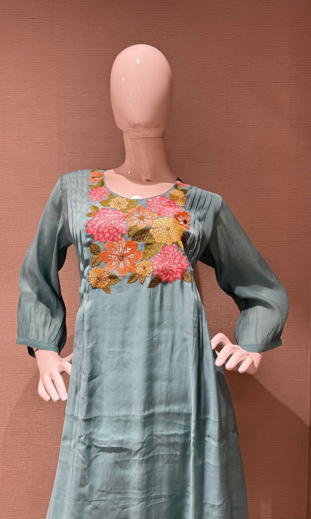 Blue Floral Embroidered Mul Chanderi A Line kurta Set with dupatta