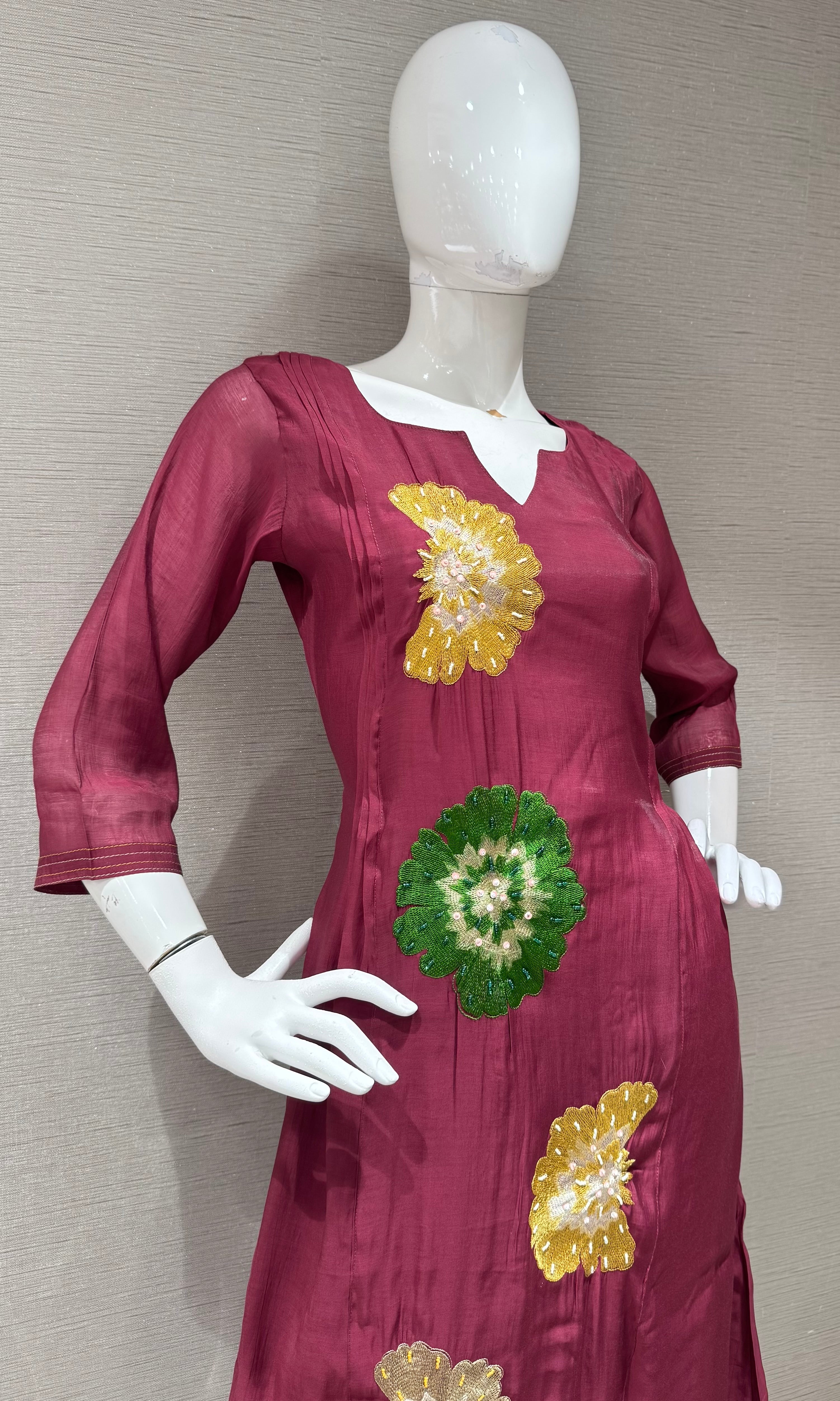 Wine cotton silk Floral Motif Kurta set with dupatta