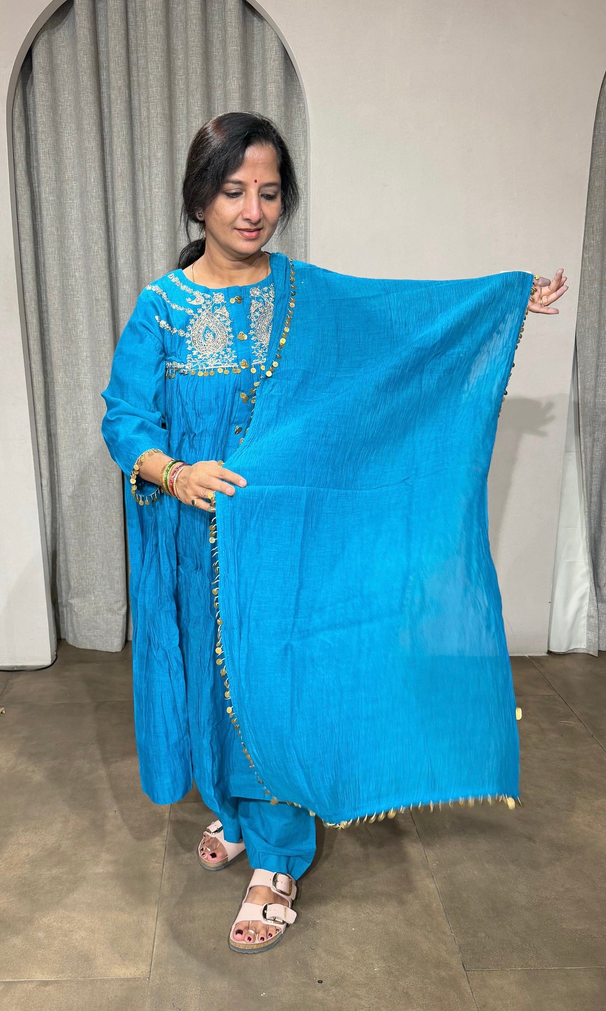 RAMA BLUE MUL CHANDERI KURTA SET WITH DUPATTA