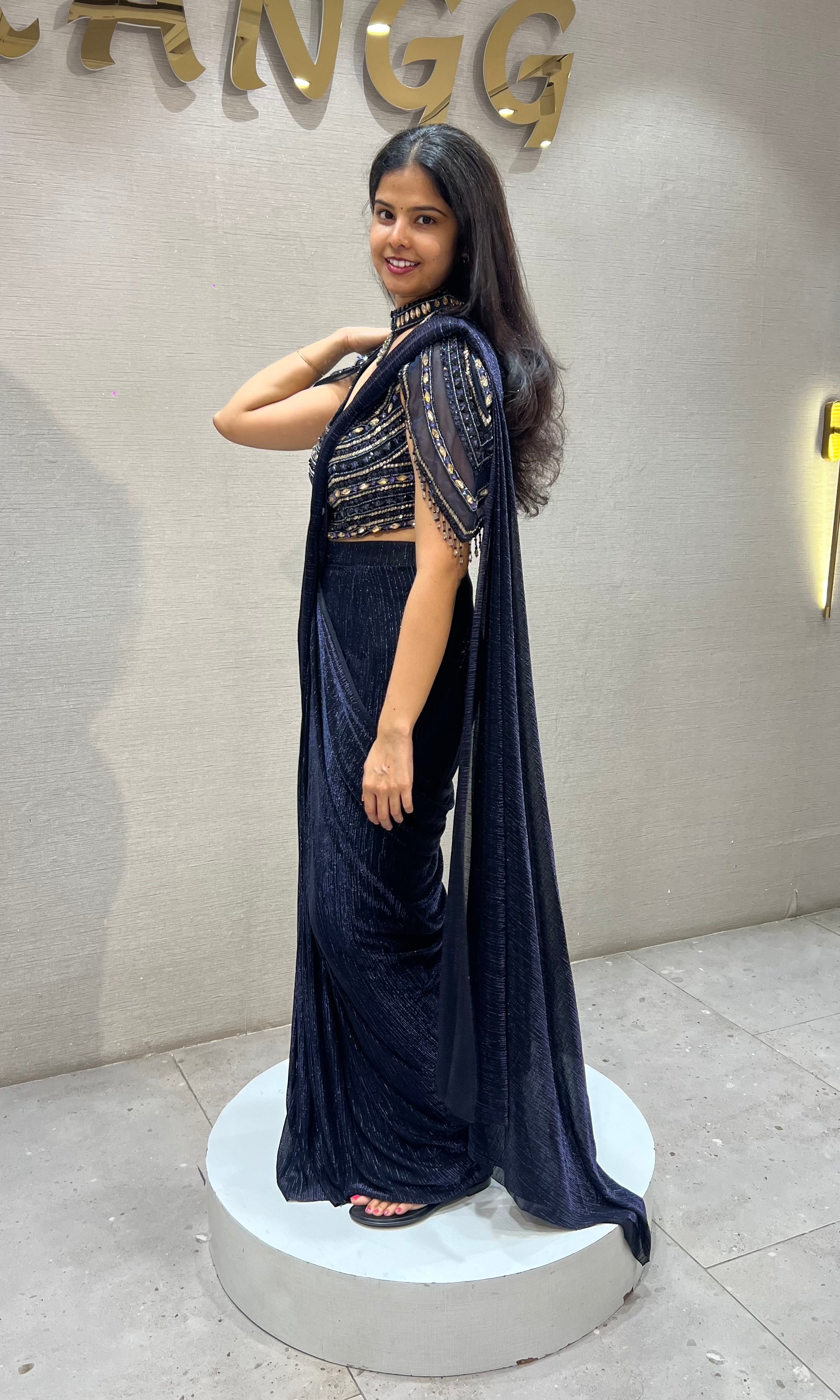 Blue Shimmer Drape Saree with Embroidered Blouse