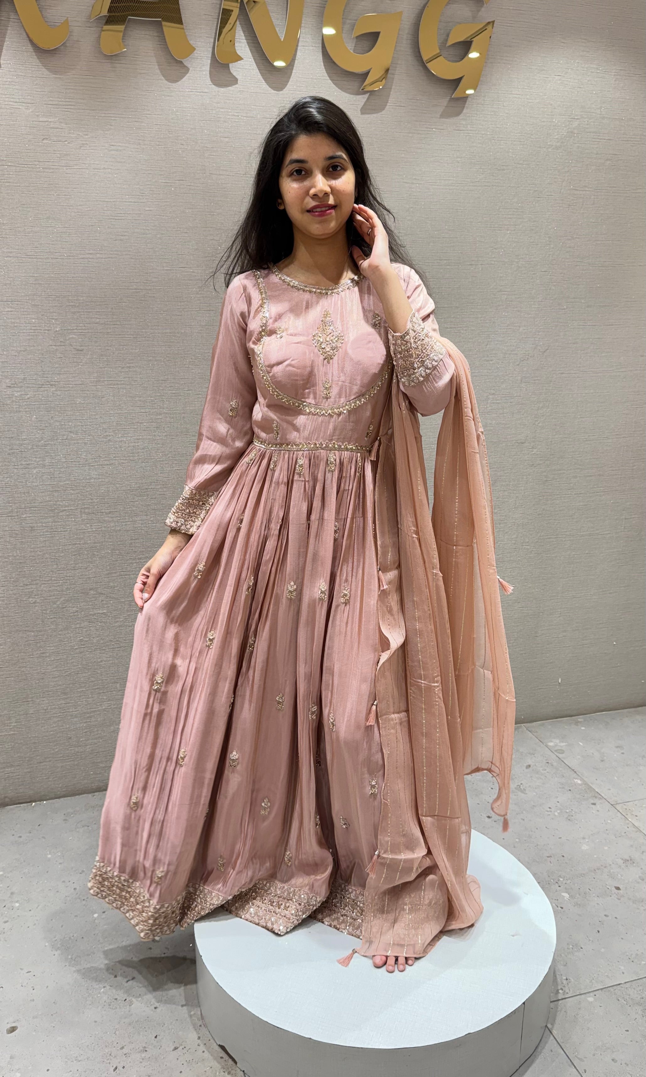 Peach EMBROIDERED LONG ANARKALI SET