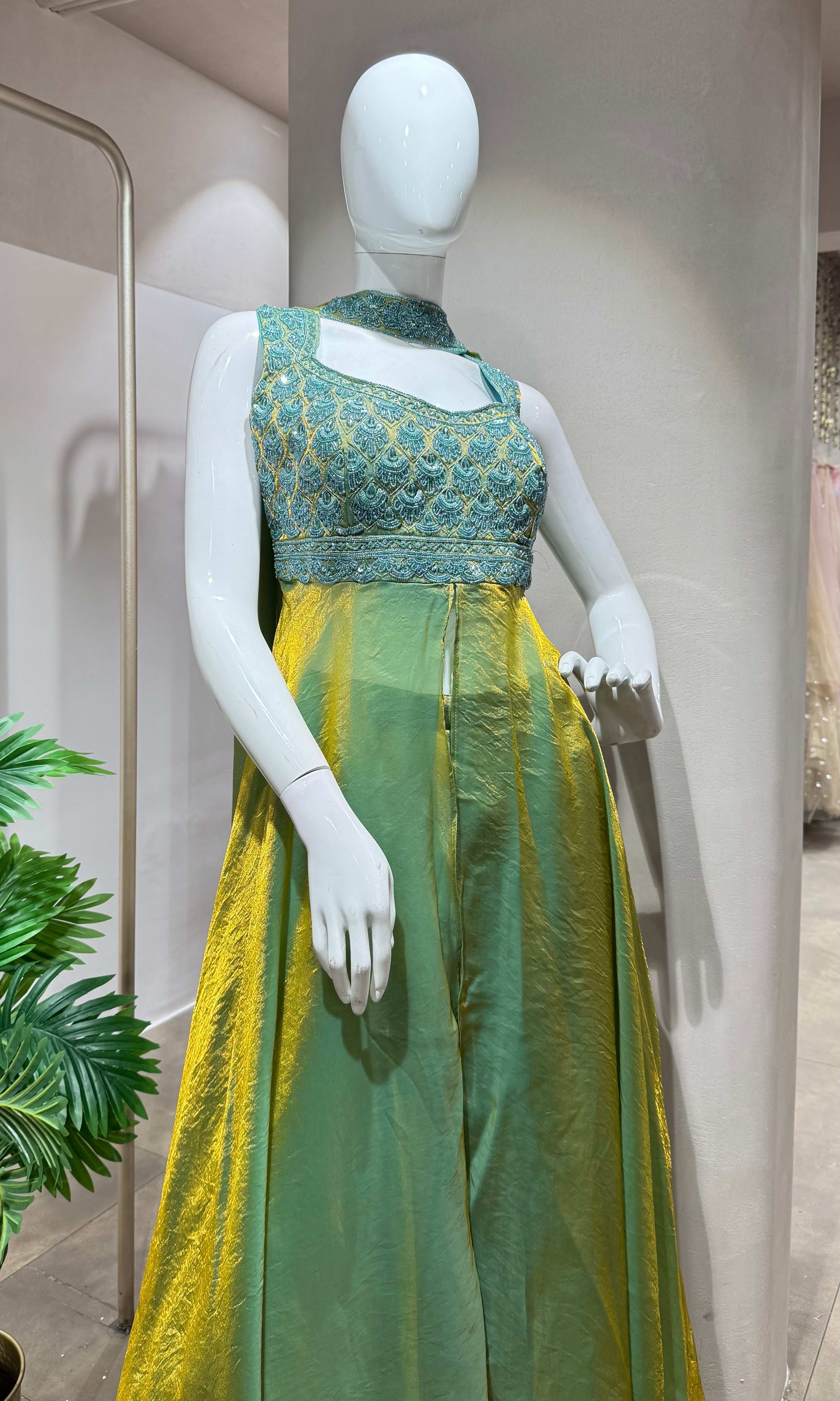 RAMA GREEN A LINE SHIMMER TISSUE PALAZZO SET