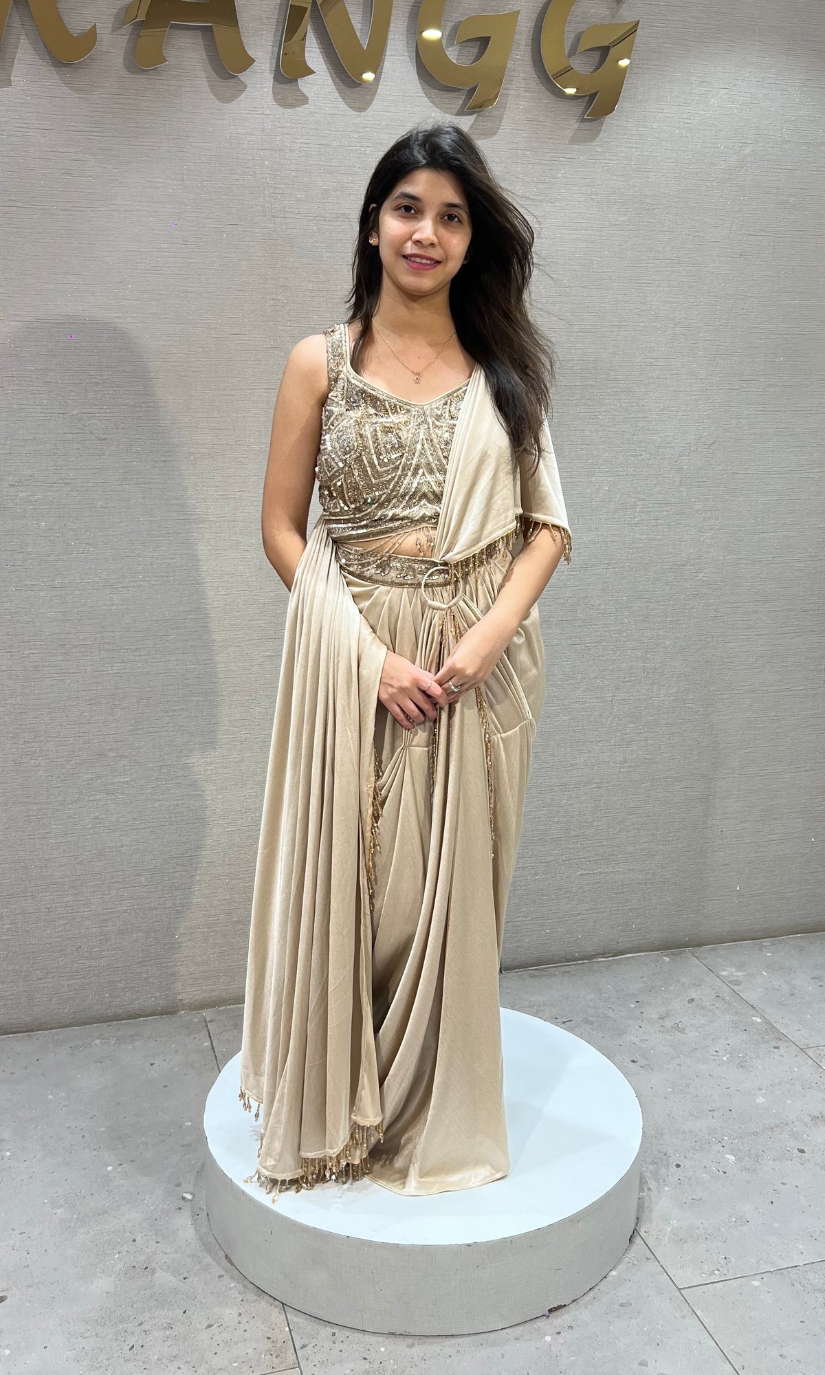 BEIGE SILK SATIN DRAPE SAREE WITH EMBROIDERED BLOUSE