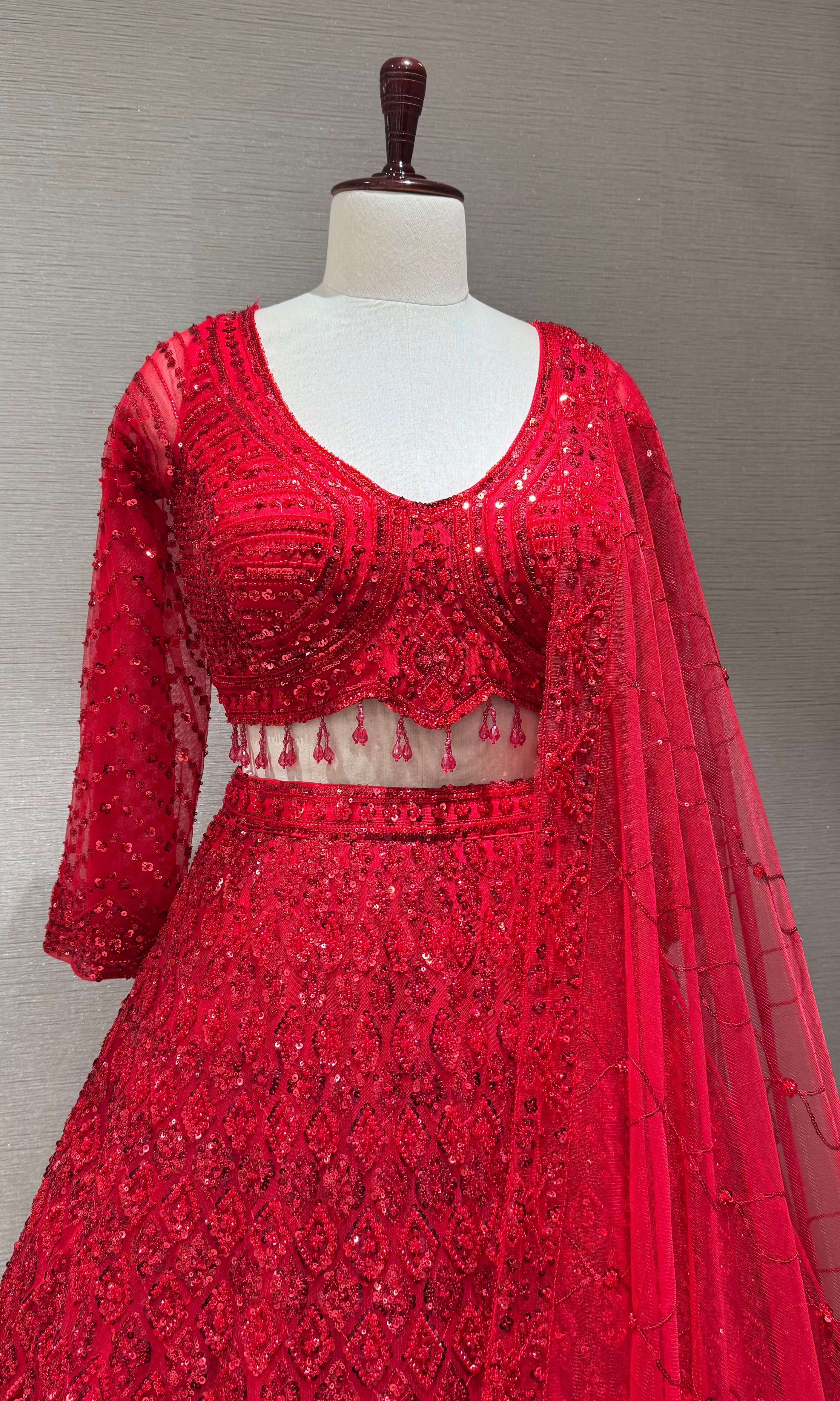 Ruby Red Embellished Lehenga Choli with Sequin Net Dupatta