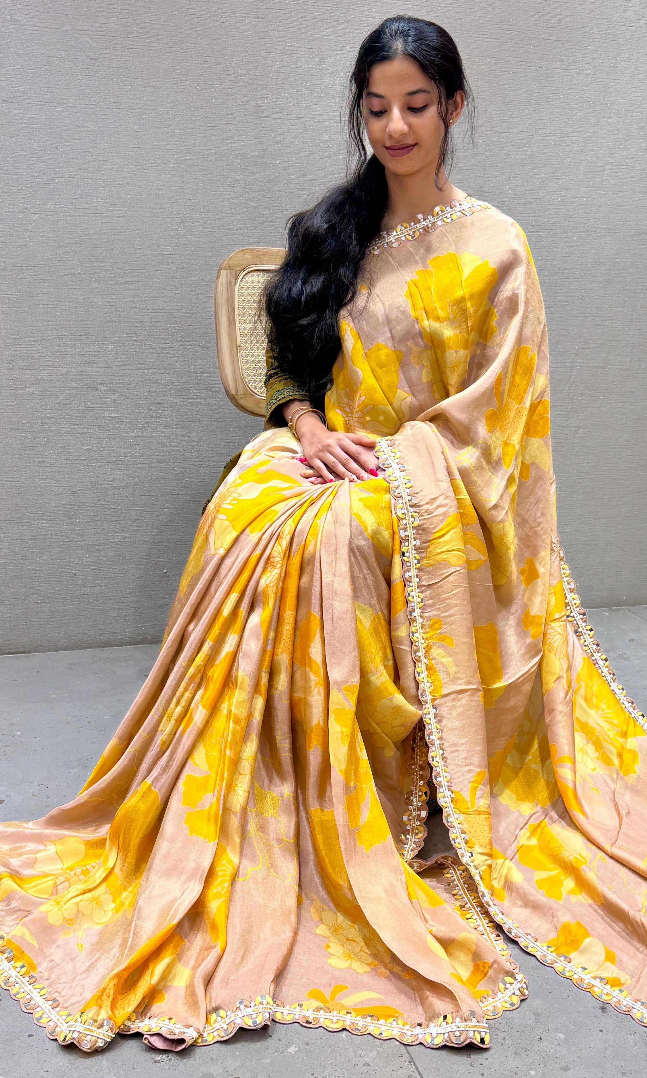 Mango Yellow digital printed tissue silk saree with ready blouse