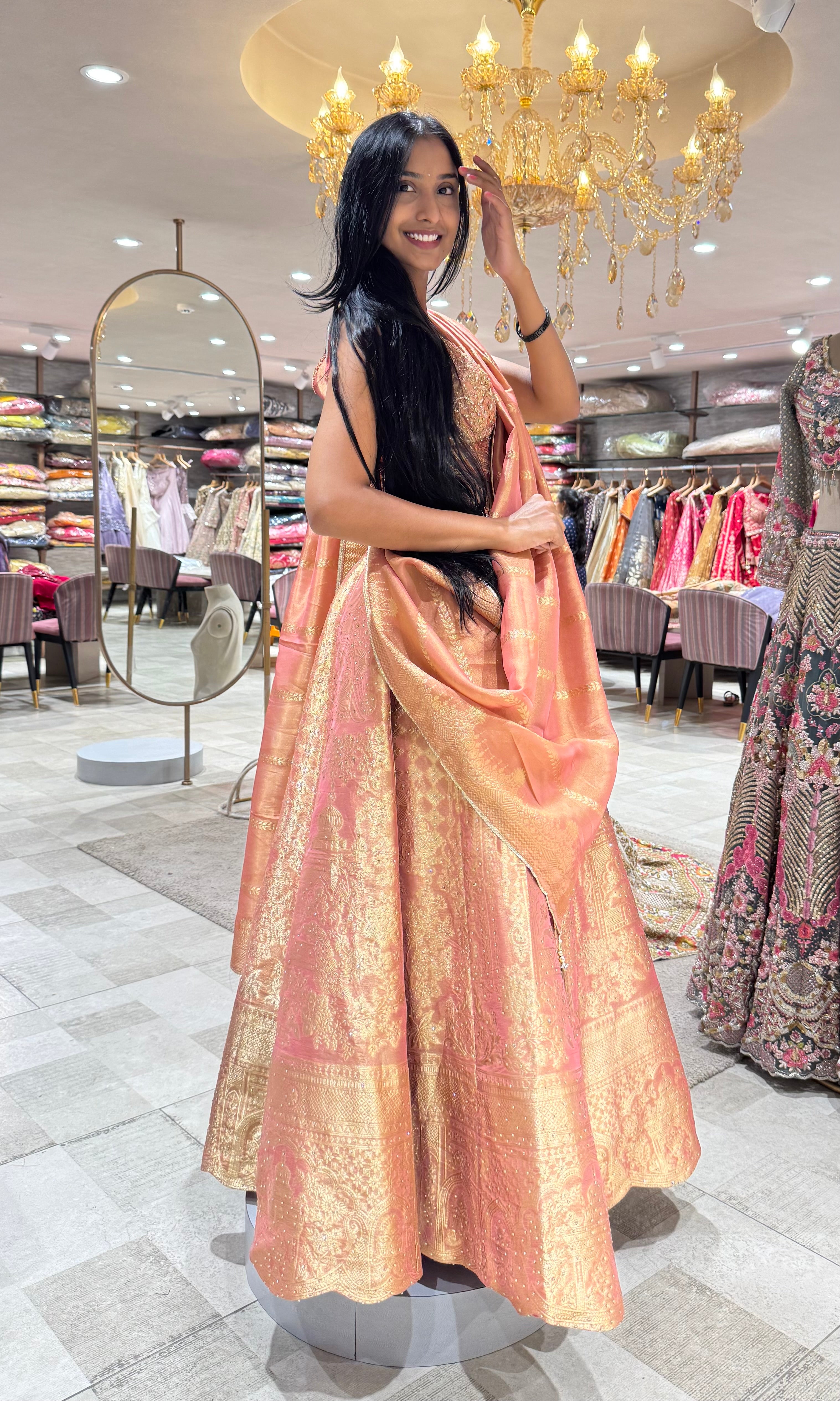 Peach Tissue Lehenga with Embroidered Corset Style