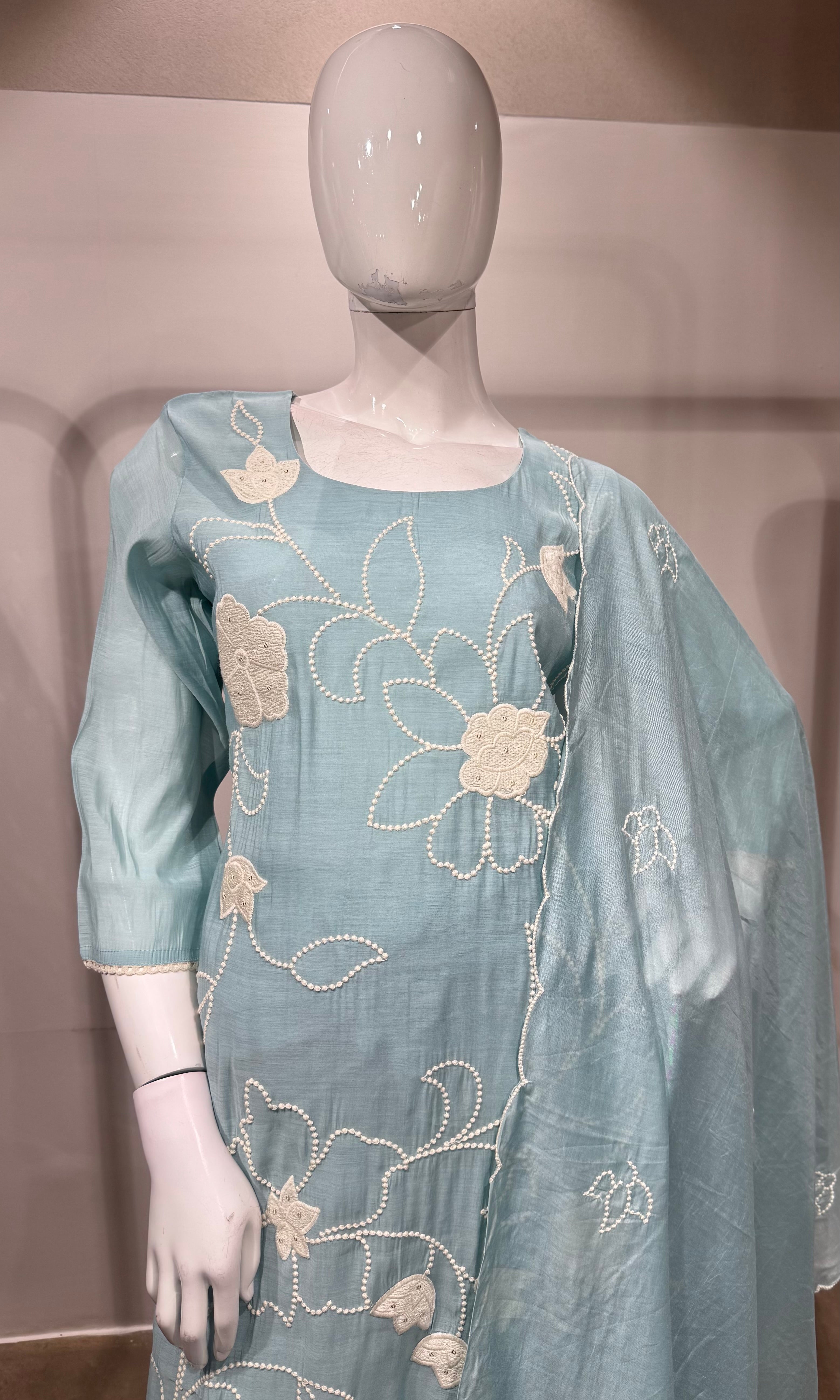 Sky Blue Embroidered Straight Kurta with Dupatta