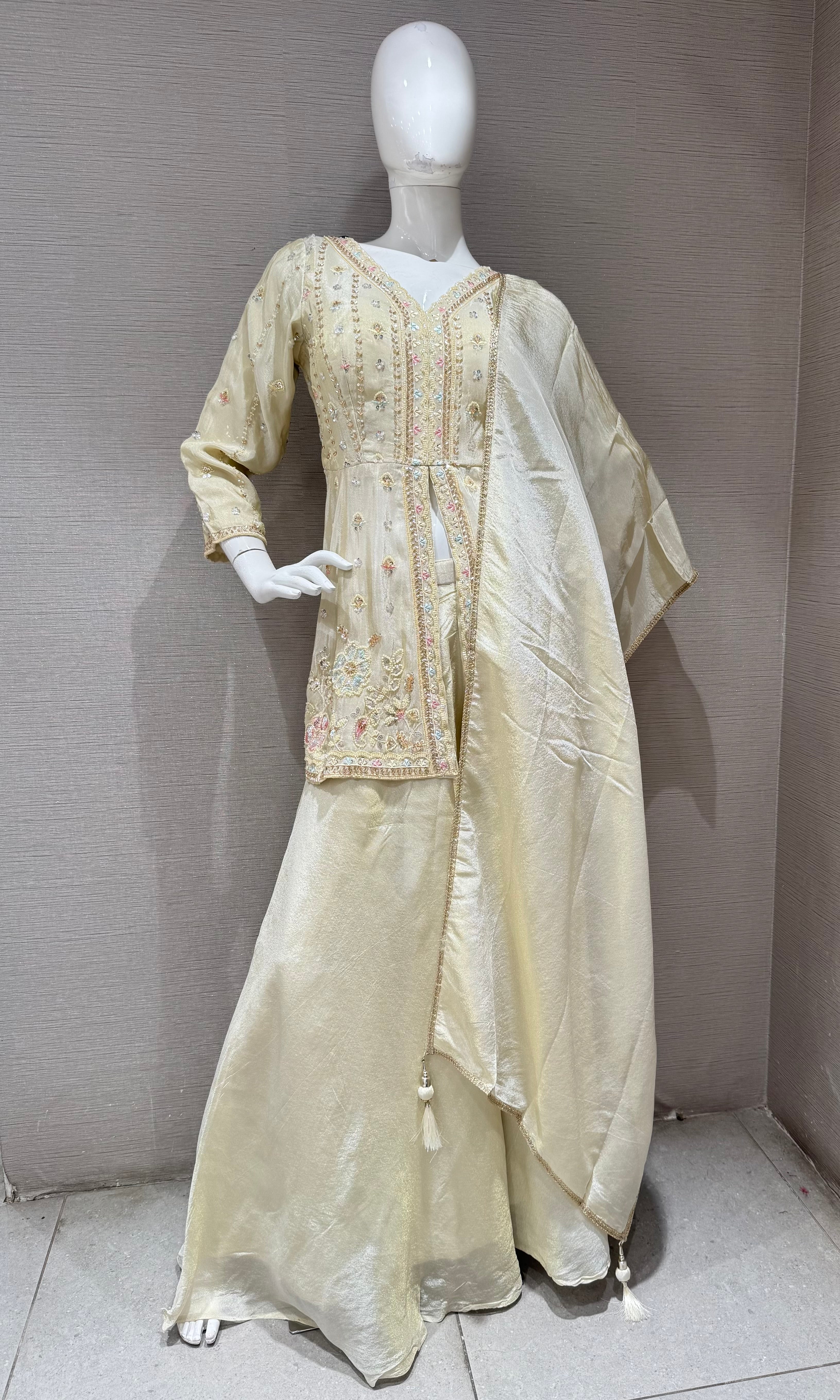 Cream Embroidered Tissue Peplum Palazzo set