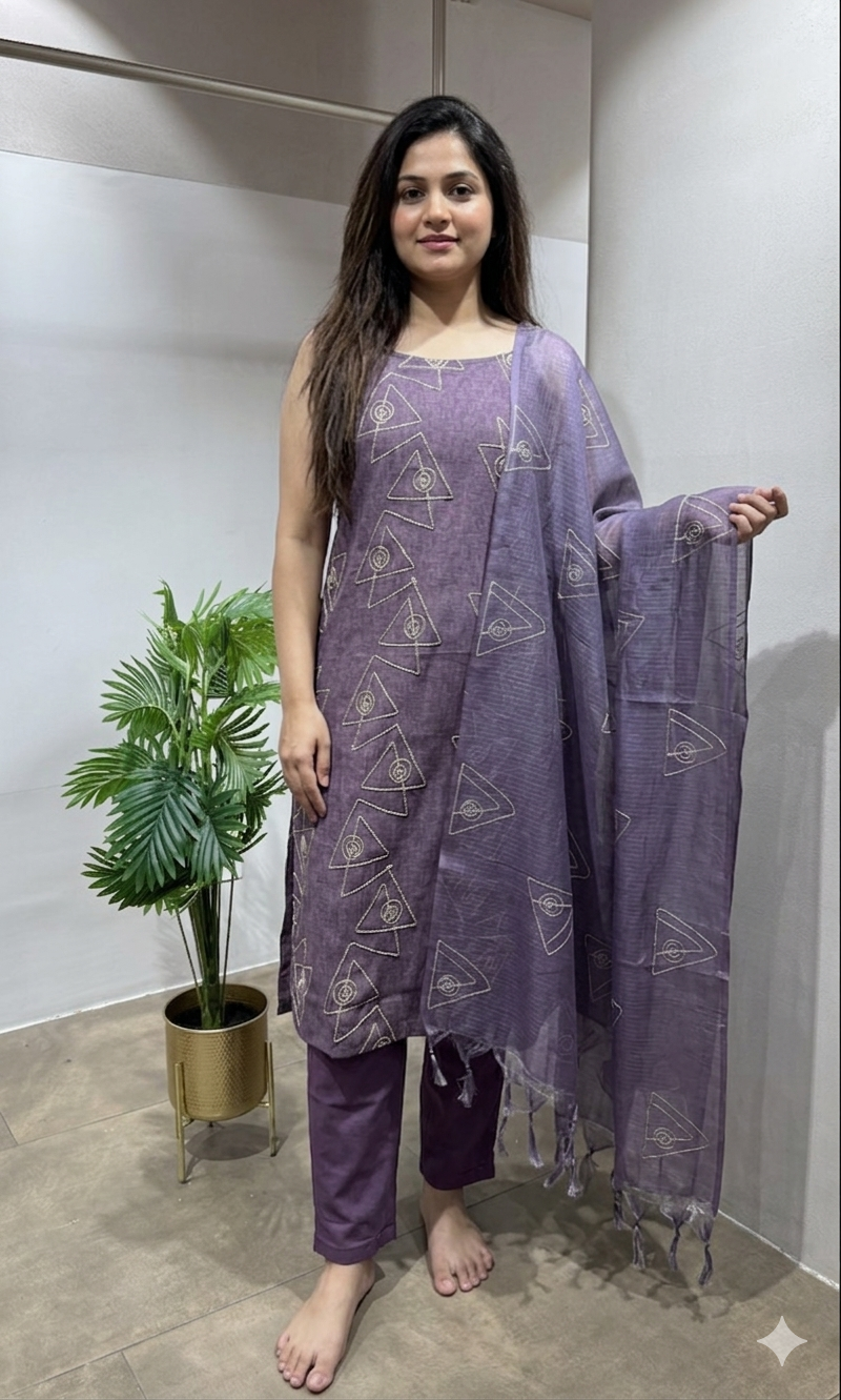 WINE Embroidered Kurta Set with Dupatta