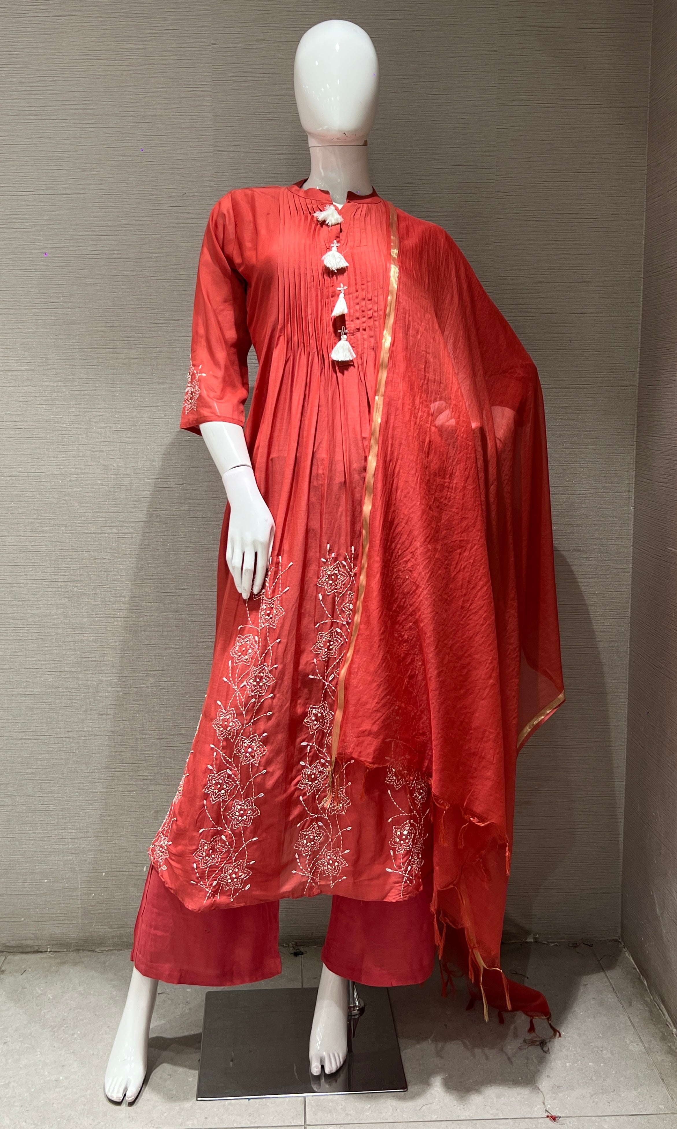 Rust FLORAL MUL CHANDERI kurta set