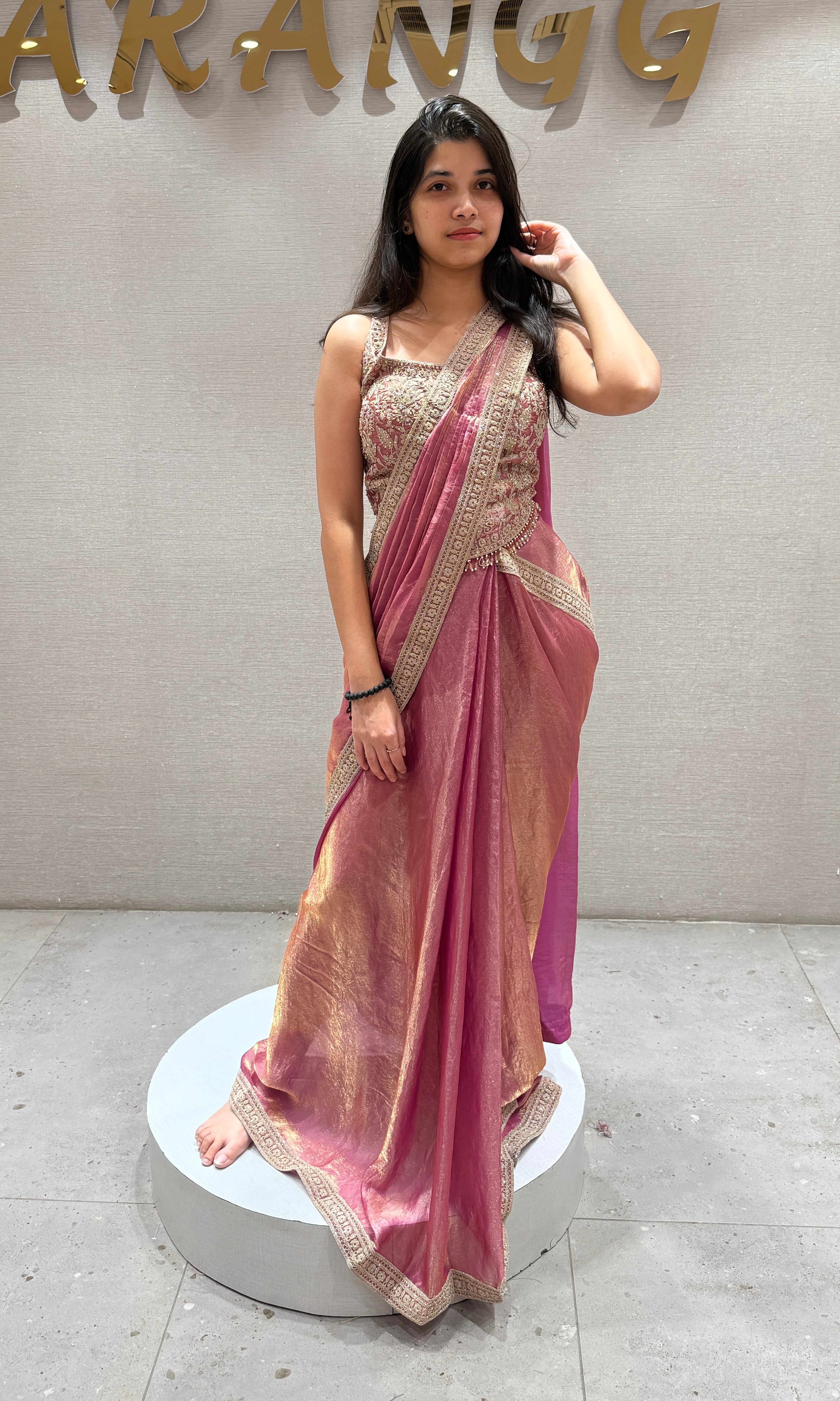 Light Blush Pink and Golden drape saree