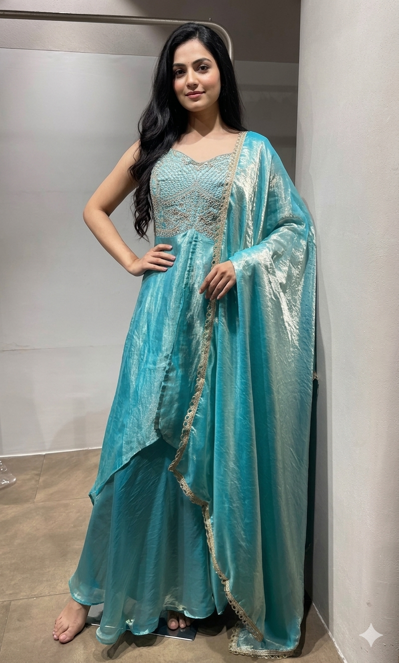 Sea Blue Shimmer Tissue Palazzo Set