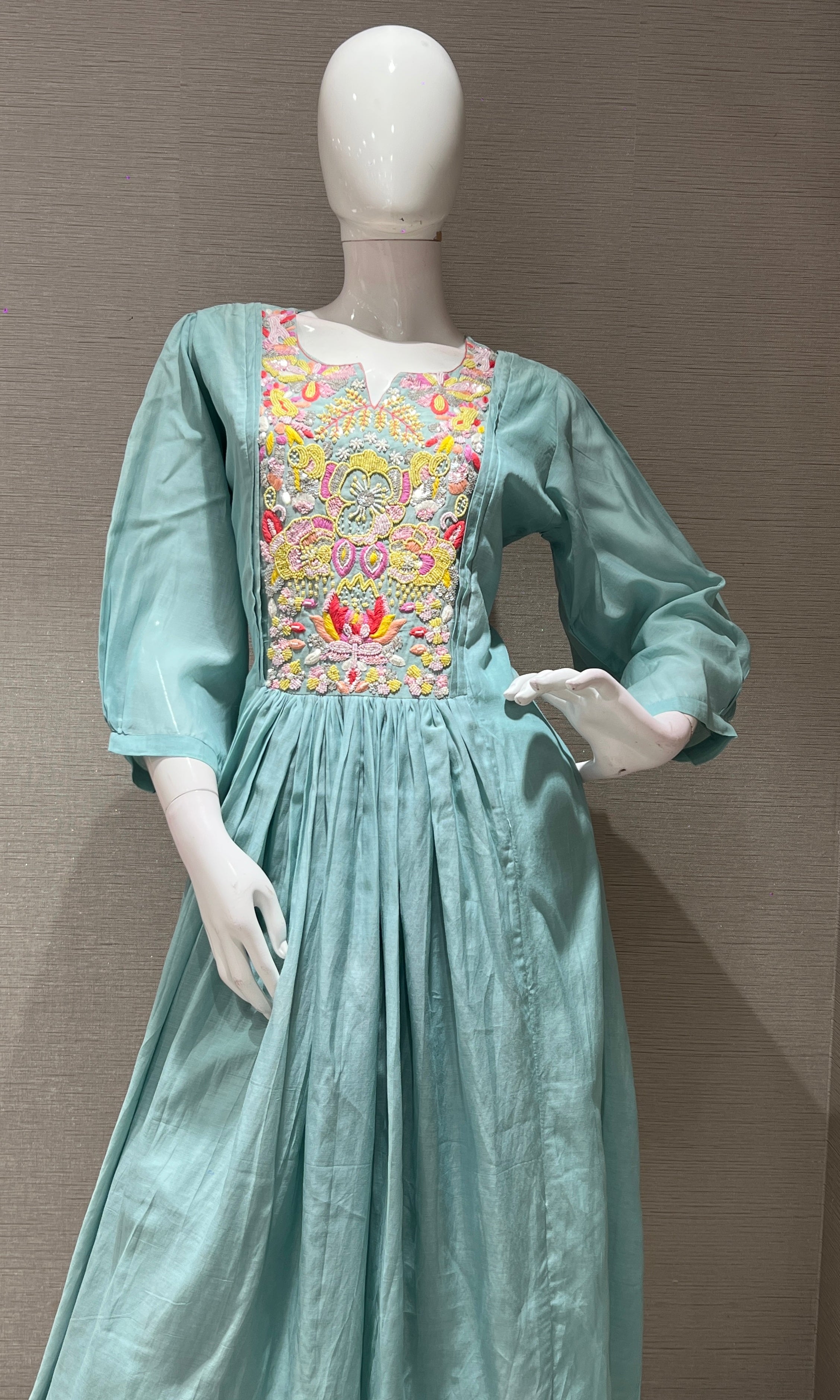 sea blue floral work mul chanderi kurta set