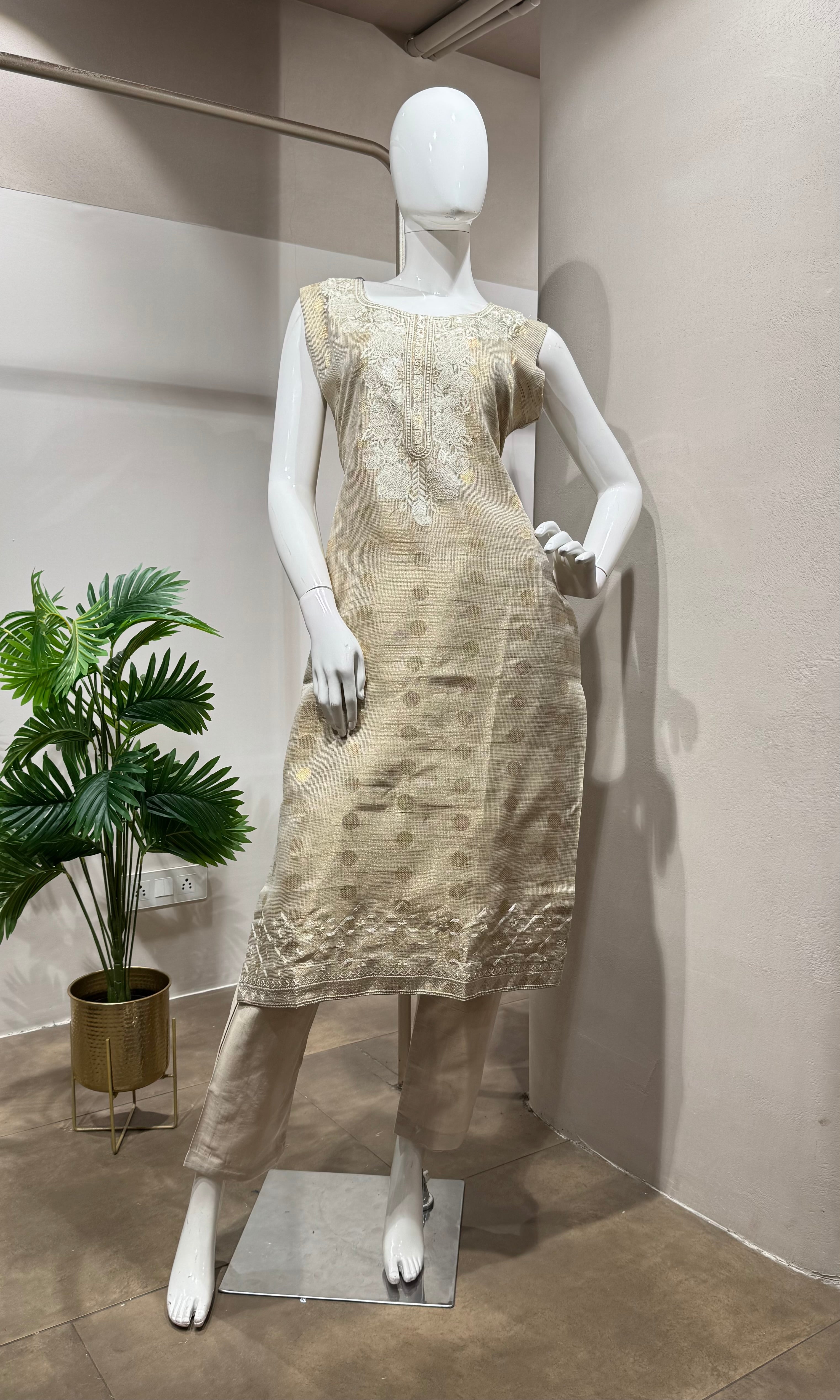 Fawn Banarasi Silk Embroidery Kurta Set