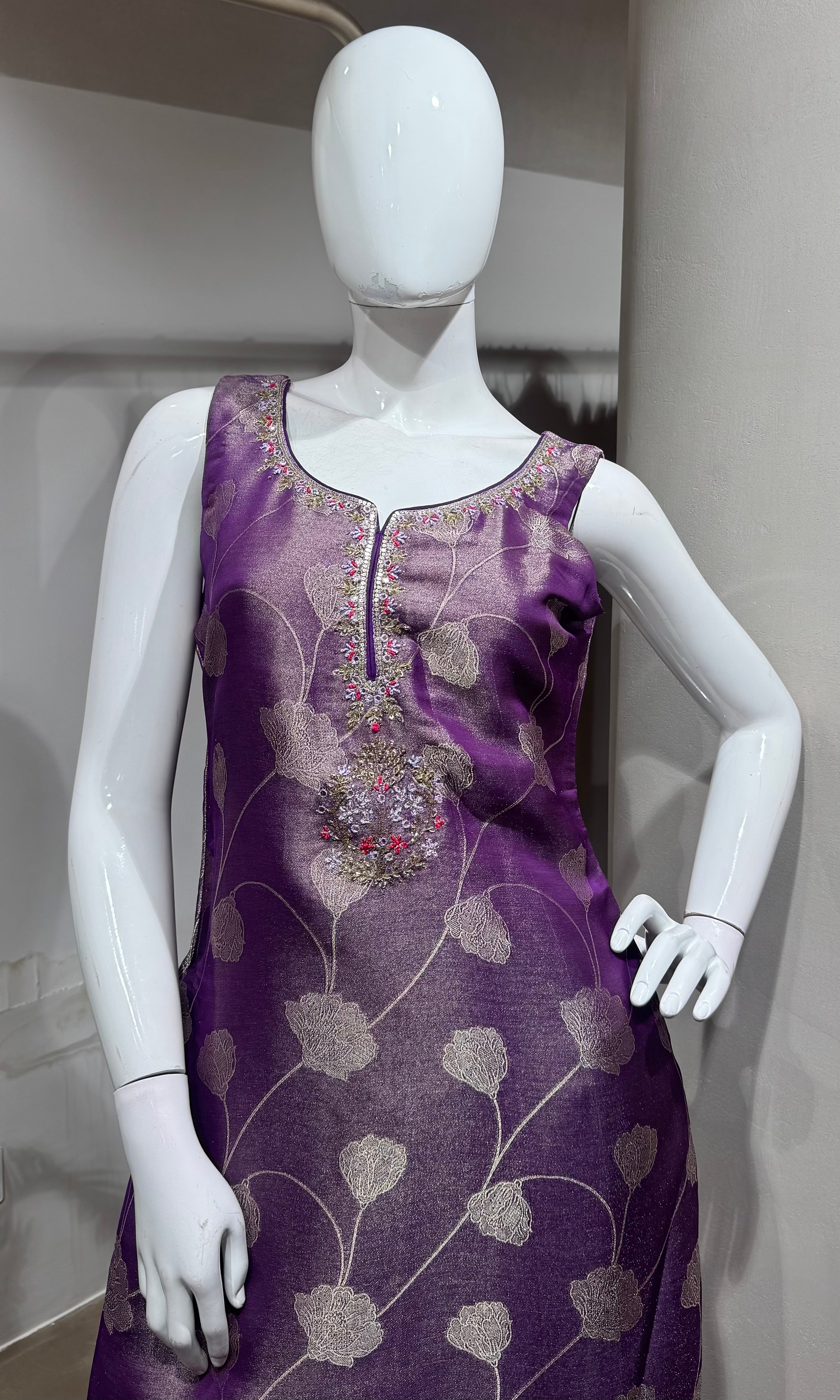 purple and gold Banarasi ethnic kurta set