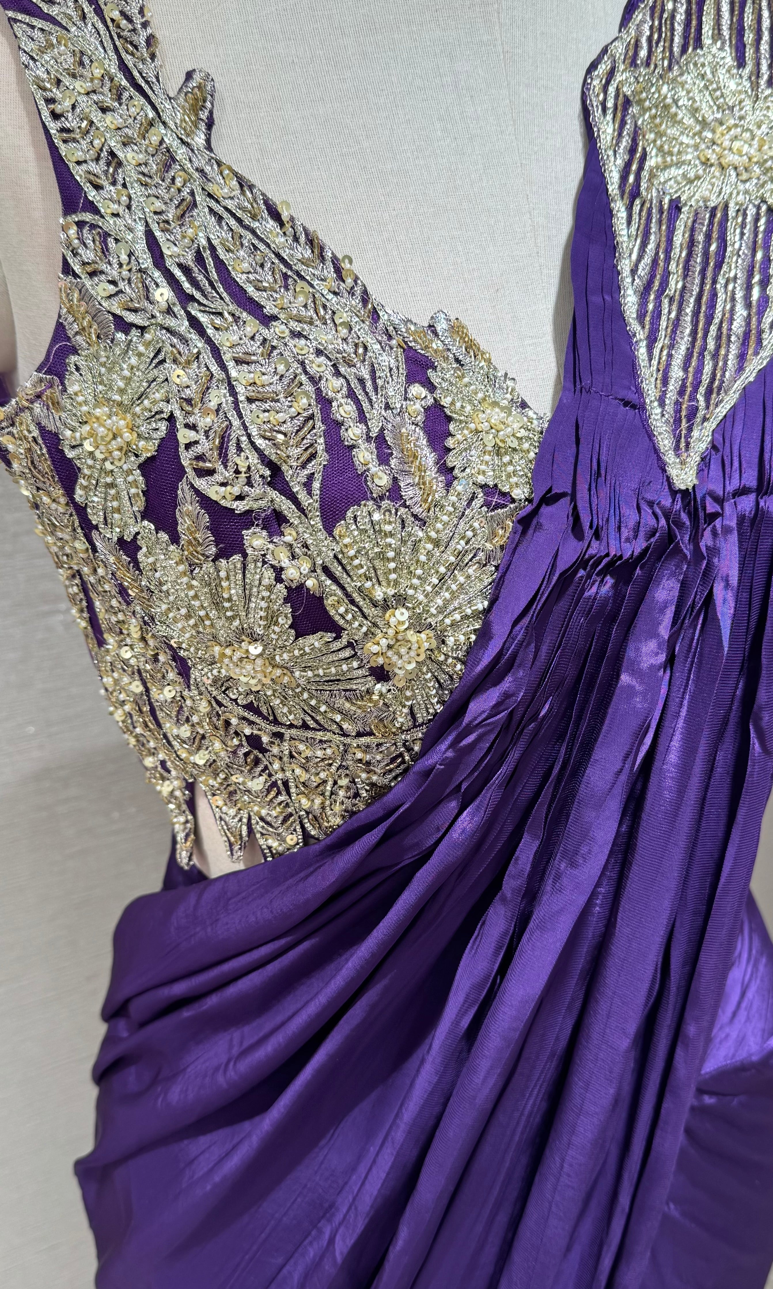 Purple Plum Drape saree with Silver Embroidered blouse