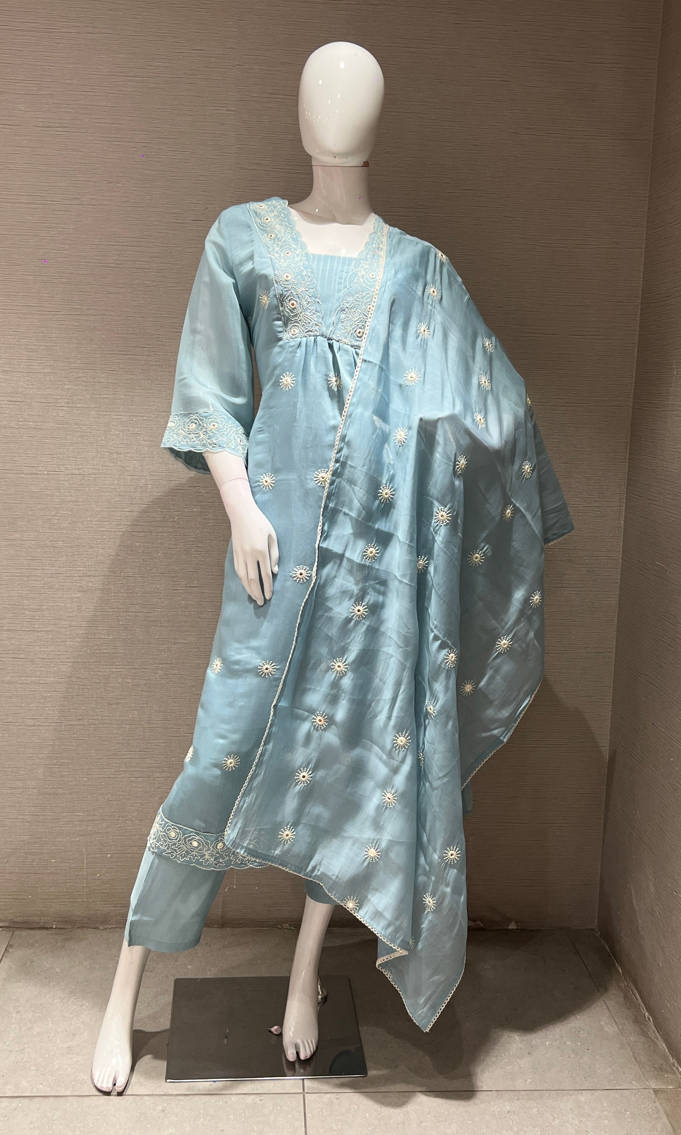 SEA blue silk embroidered KURTA SET