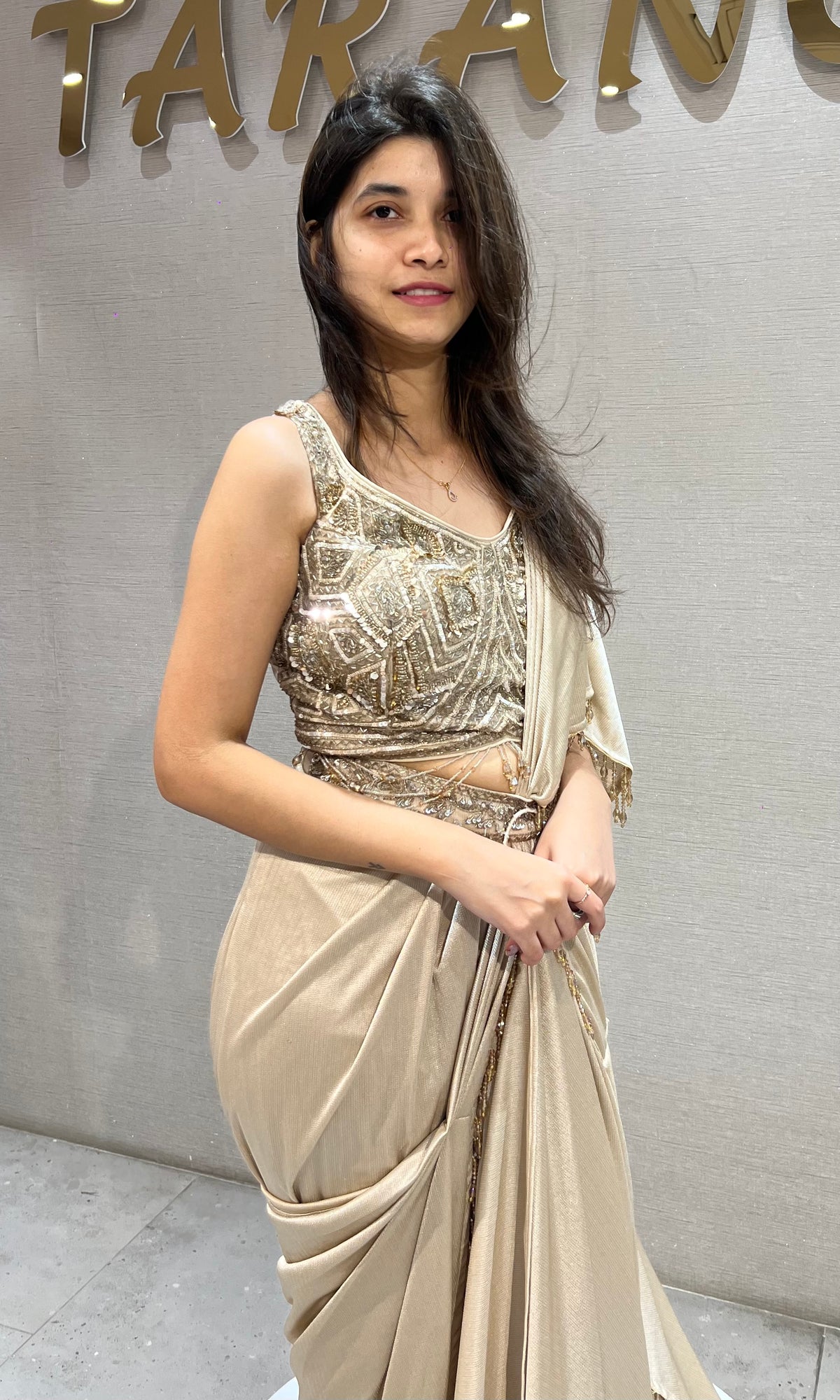BEIGE SILK SATIN DRAPE SAREE WITH EMBROIDERED BLOUSE