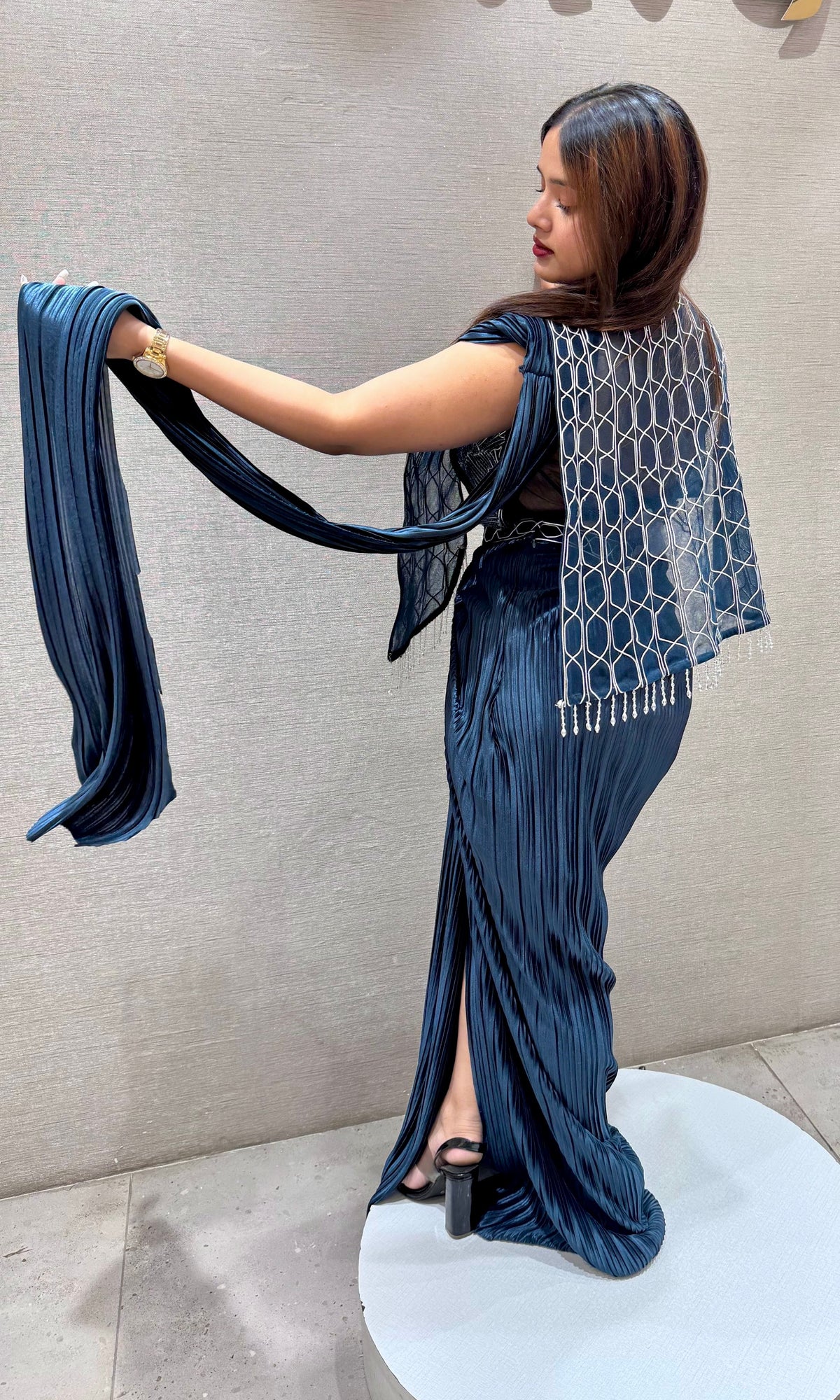 Peacock blue drape saree with Cape