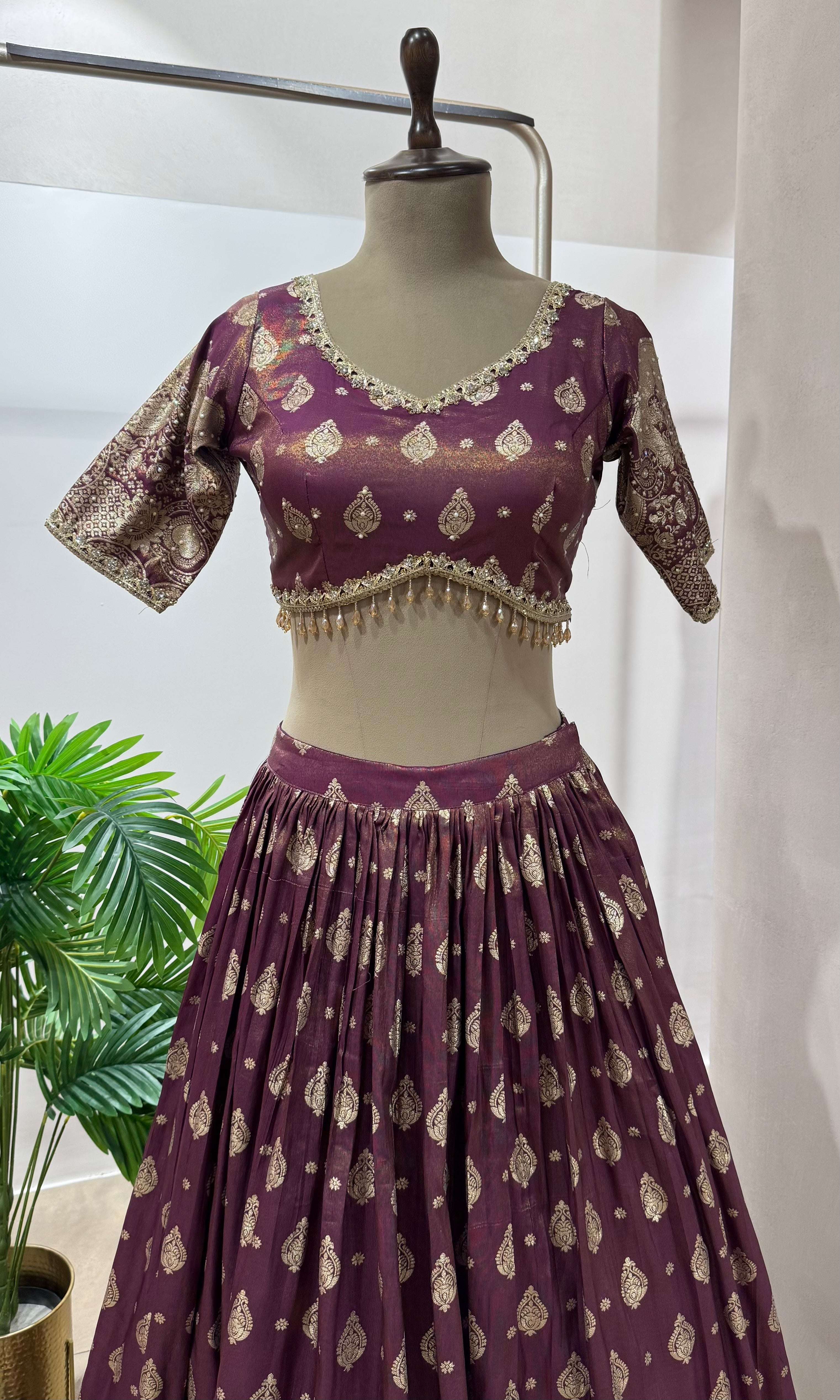 Wine GOLDEN CROP TOP LEHENGA