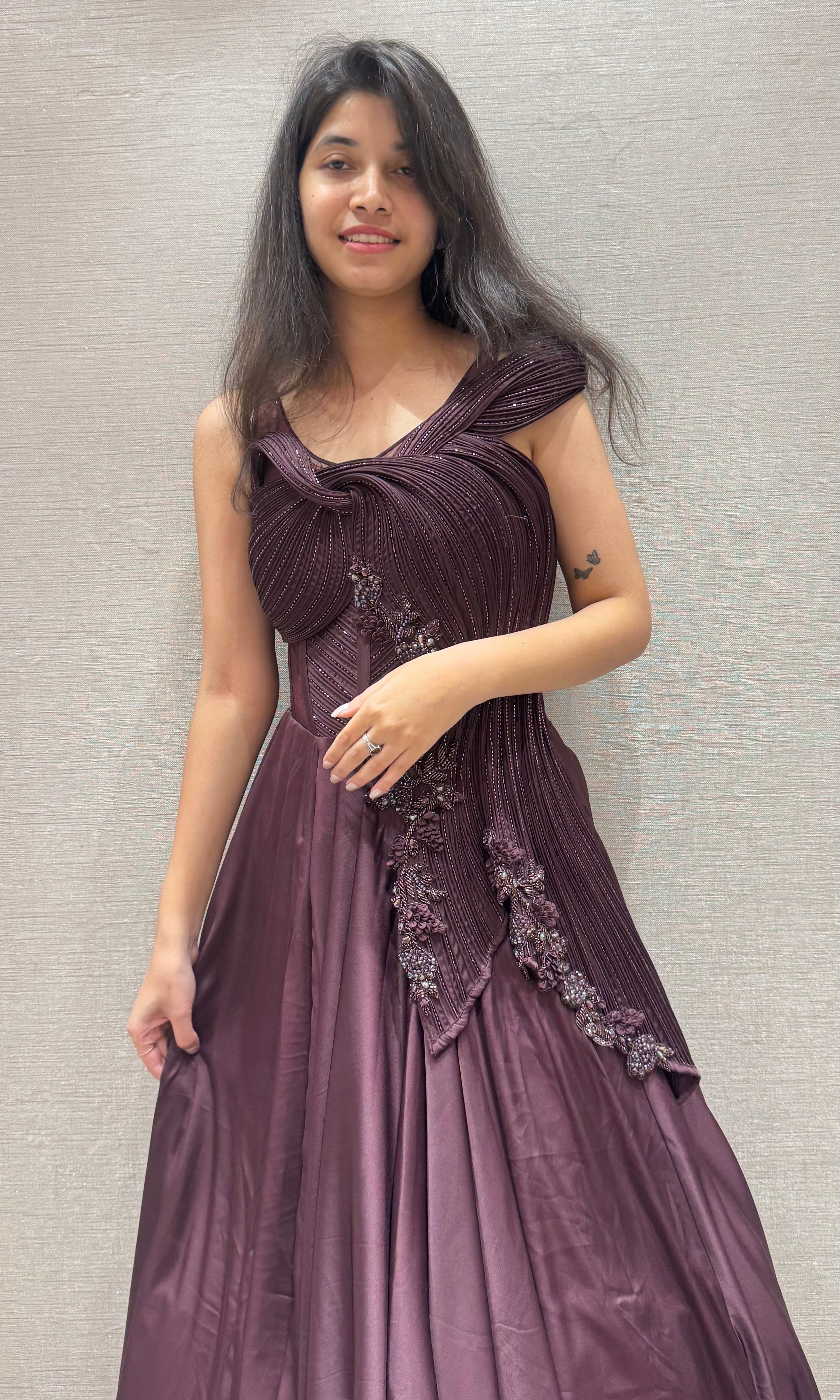 Wine FLORAL EMBELLISHED GOWN