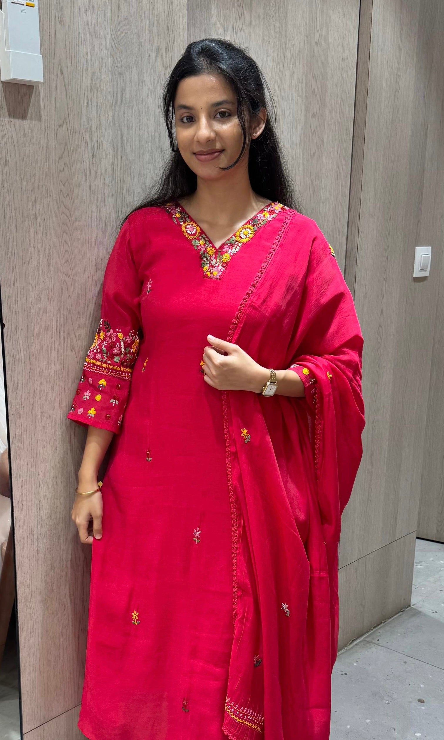Pink Floral Neckline Kurta Set