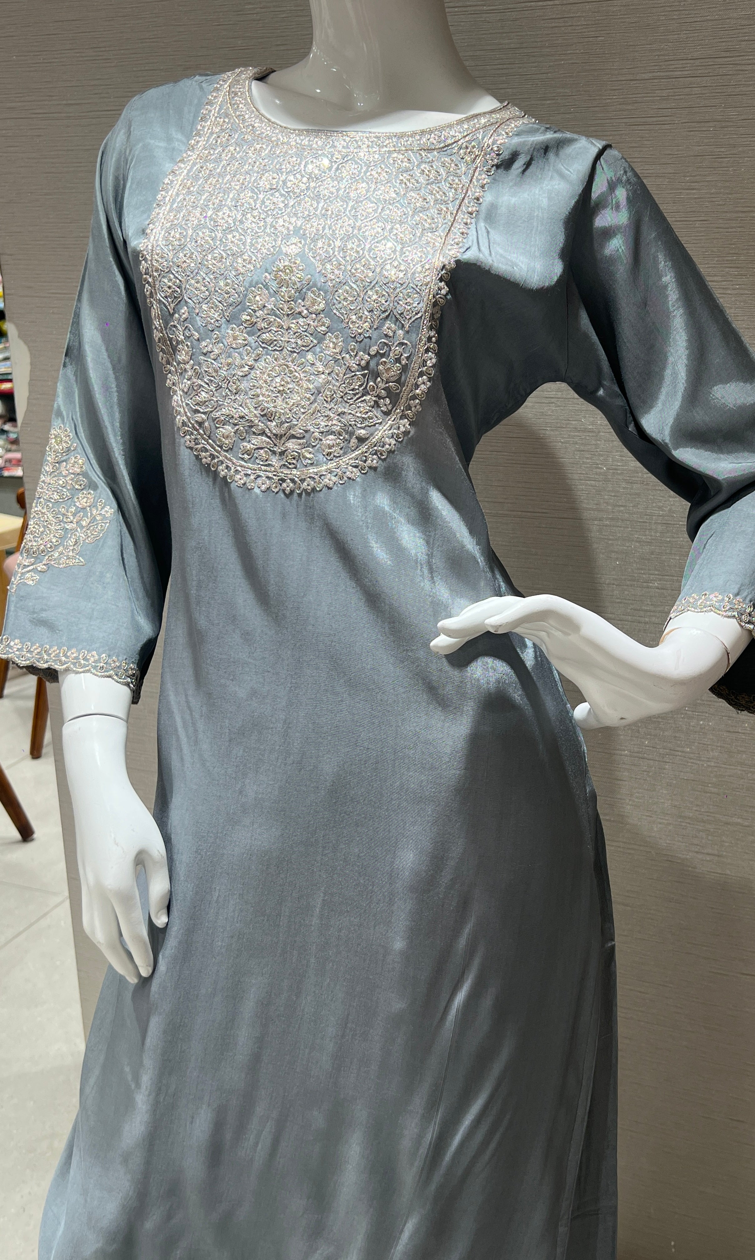 Grey Embroidered Kurta Set with Red Dupatta