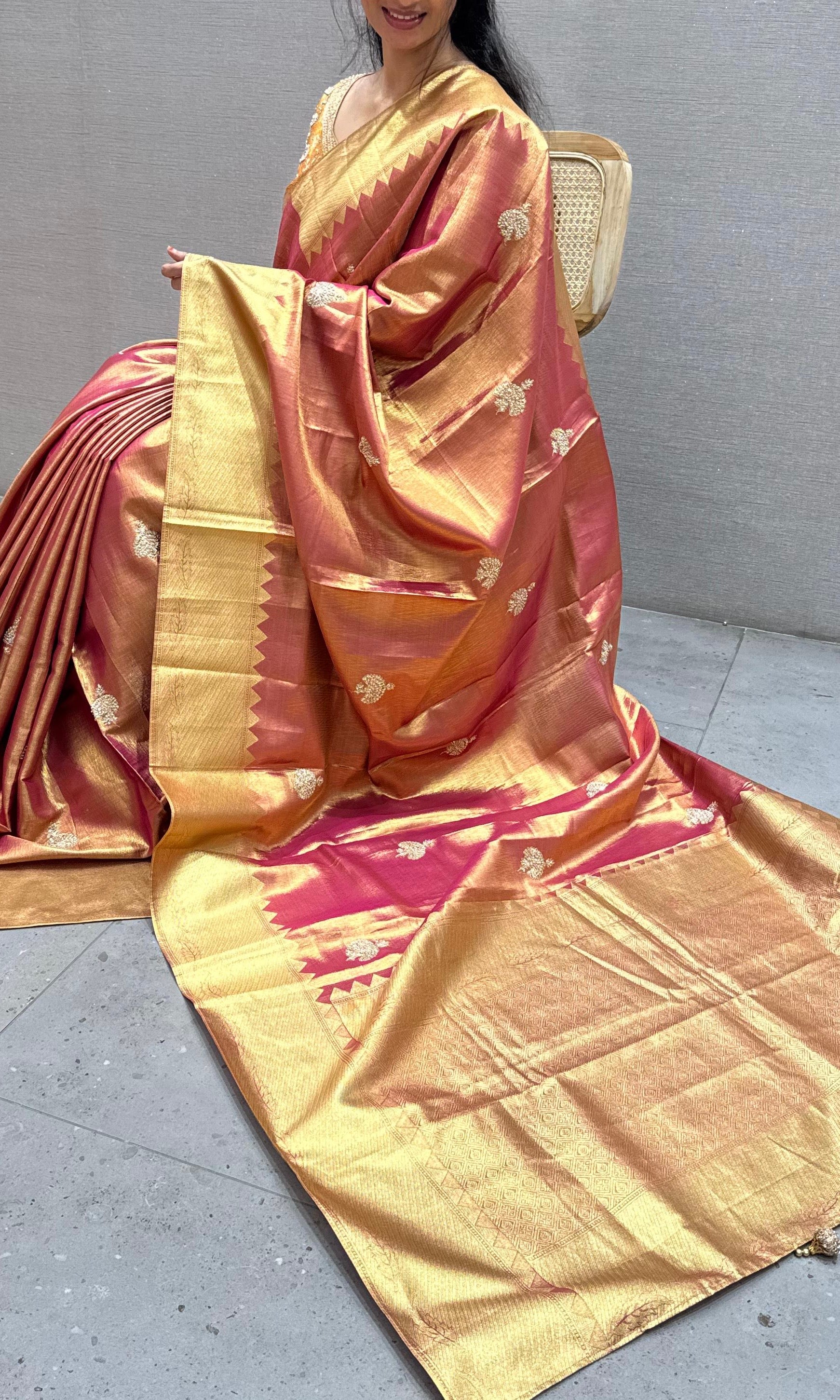 Rust orange and gold saree with ready blouse