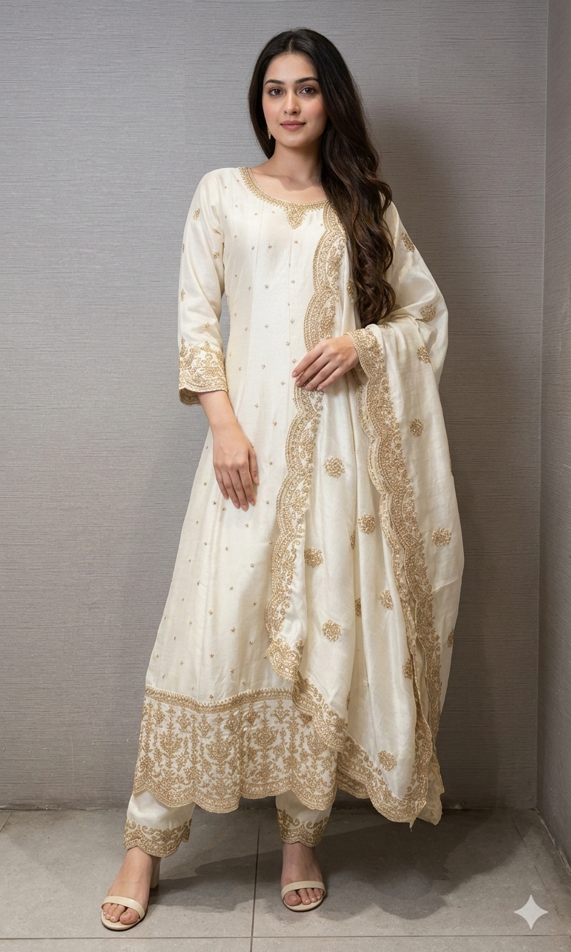 White GOLDEN EMBROIDERED Anarkali